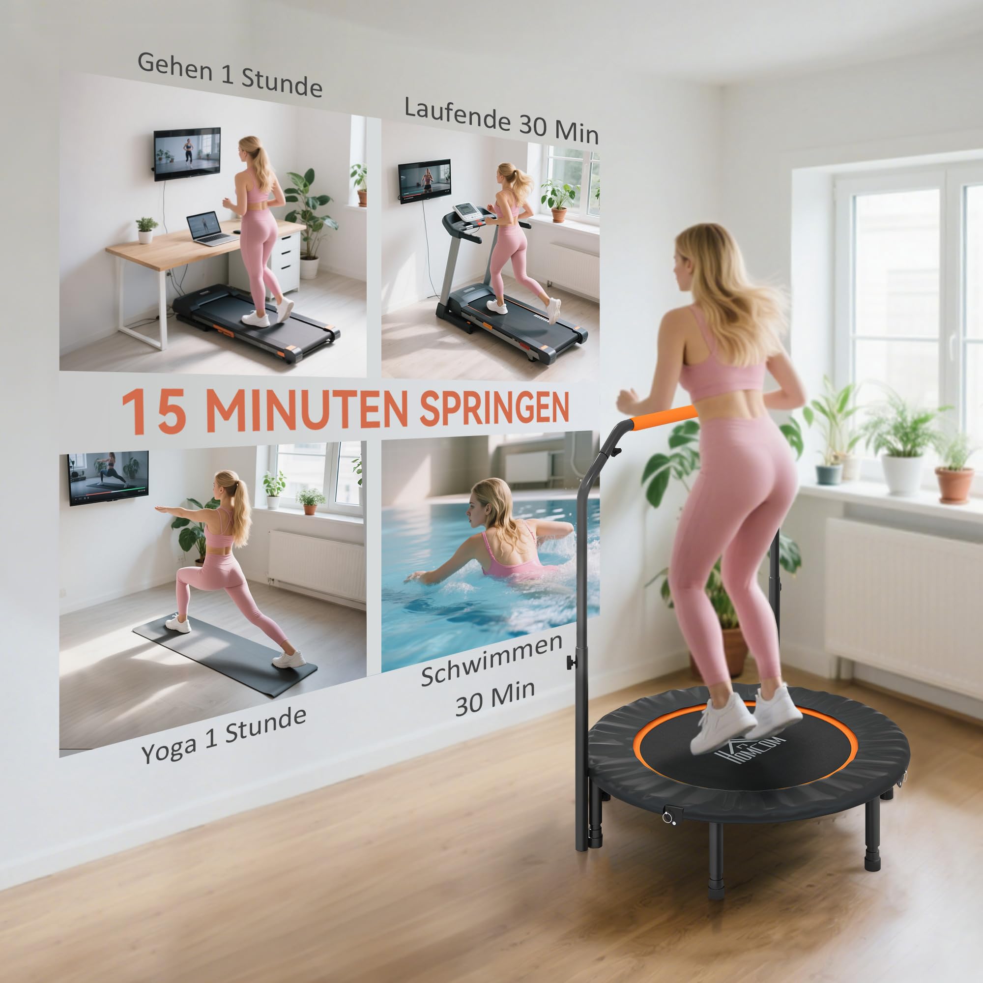 HOMCOM 102 cm Fitness-Trampolin, Faltbares Mini-Trampolin mit vierfach höhenverstellbarem Haltegriff, Fitness-Rebounder für Erwachsene, bis 150 kg