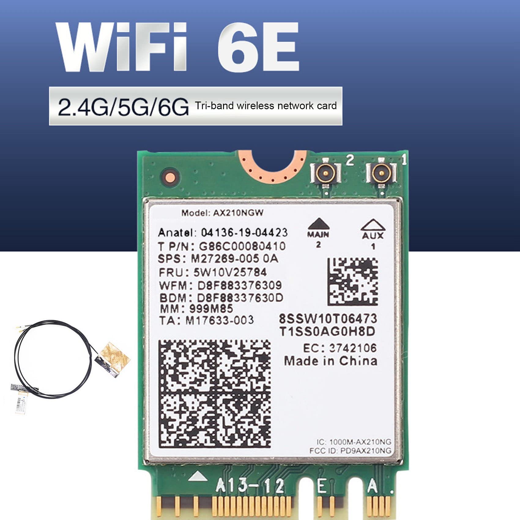 Scheda di rete AX210NGW + 2 antenne interne WiFi 6E Gigabit NGFF M.2 2.4G/5G/6G Scheda di rete -Banda