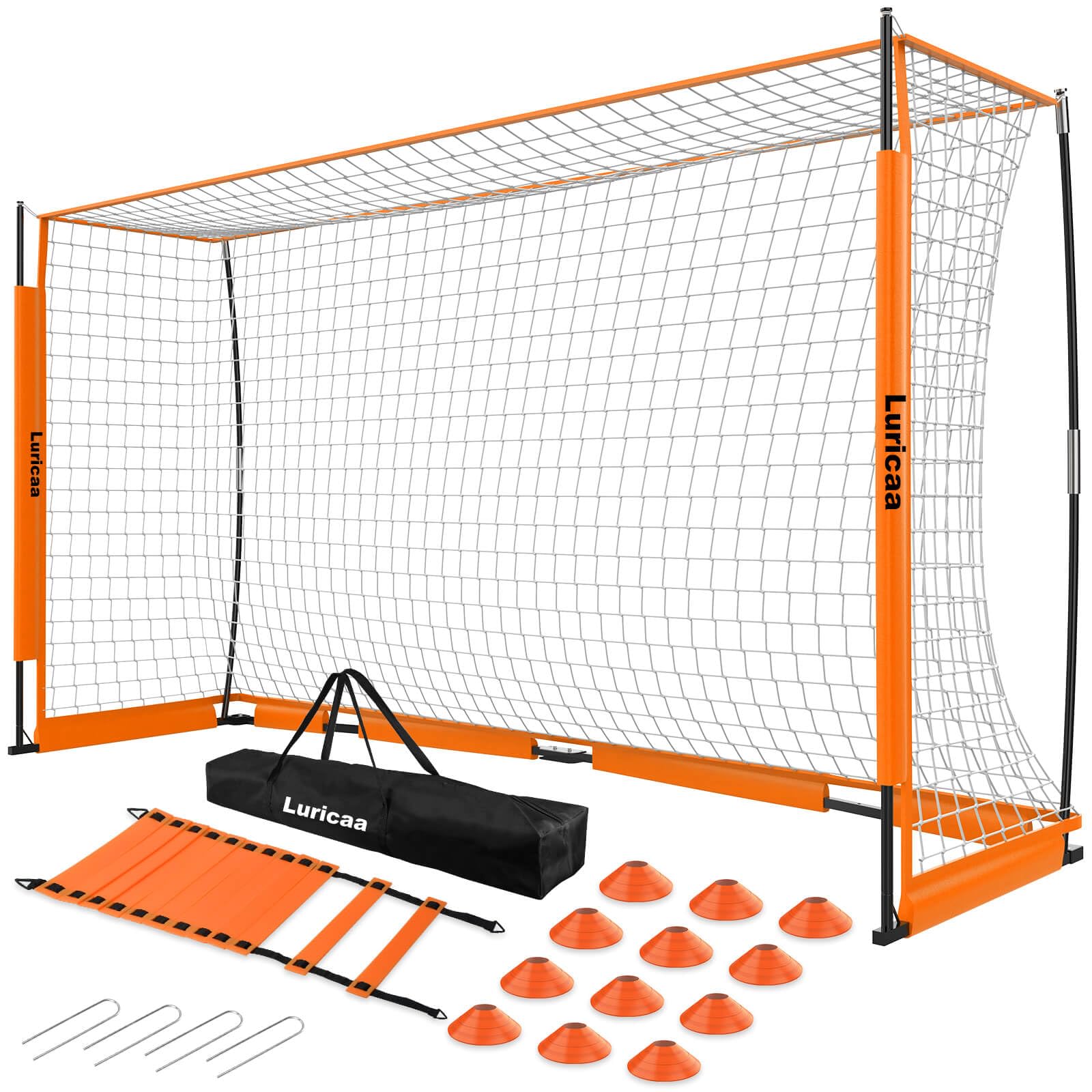 Collapsible Soccer Goal, 12×6 ft Portable Soccer Goal Net for Backyard, Quick Setup Soccer Goals with 1 Carry Bag, 1 Agility Ladder, 4 Ground Nails,12 Training Cones