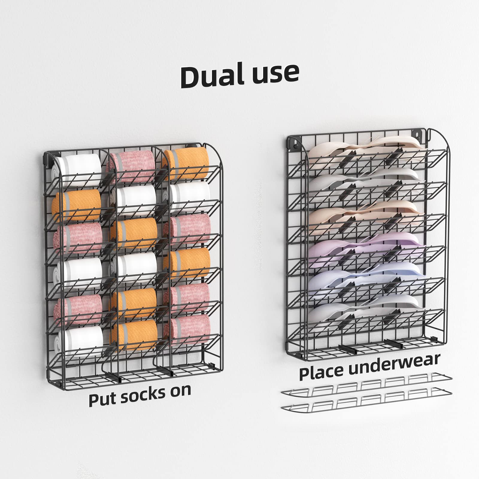 Chemailon Hanging Closet Sock Underwear Organizer, 42 Cell Metal Wall Mounted Storage Shelf Divider for Handkerchiefs, Ties, Belts and Bra 2 Pack Black