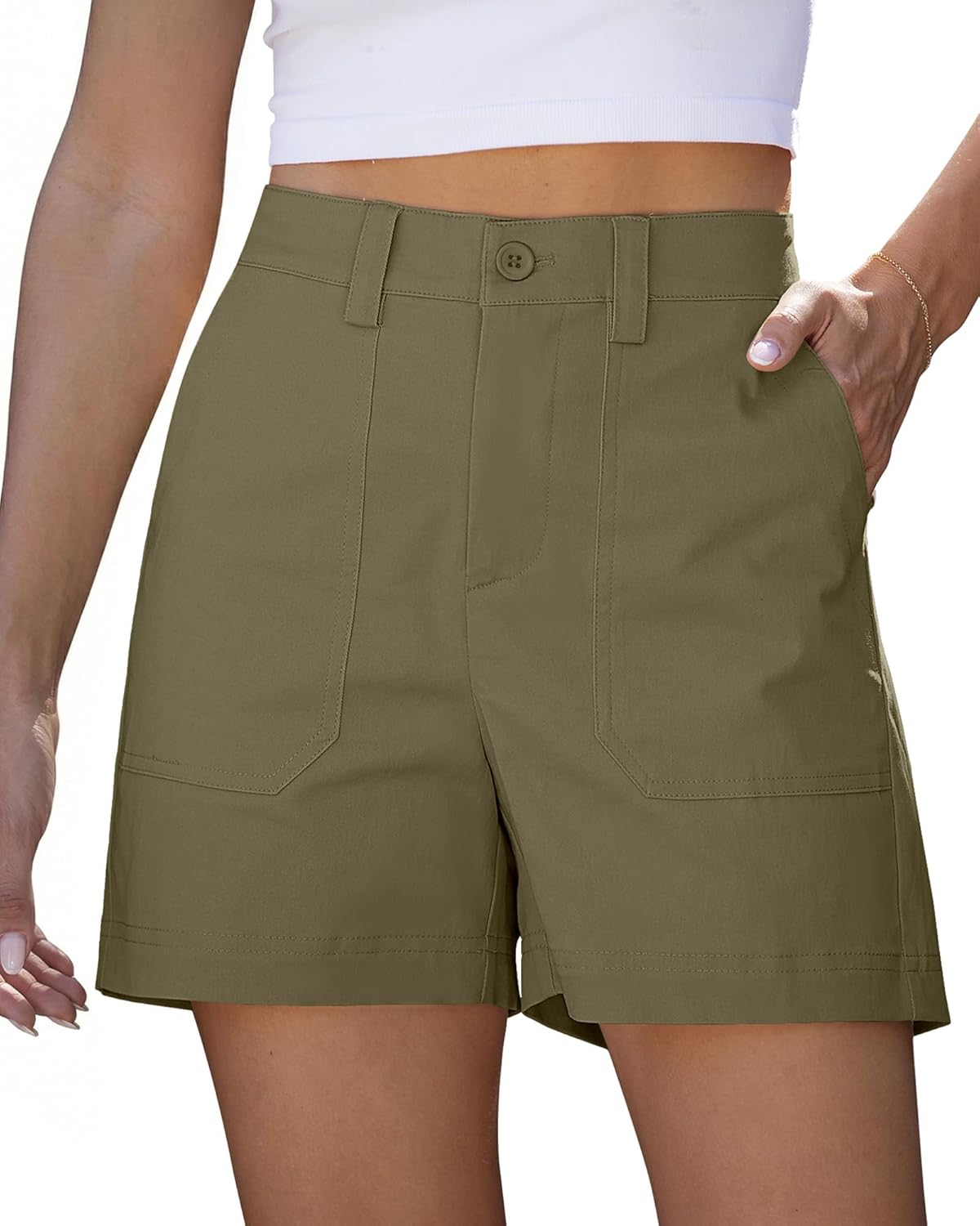 luvamia Summer Shorts for Women High Waisted Dressy Causal Cotton Chino Elastic Waist 5 Inch Inseam Mid Thigh Shorts