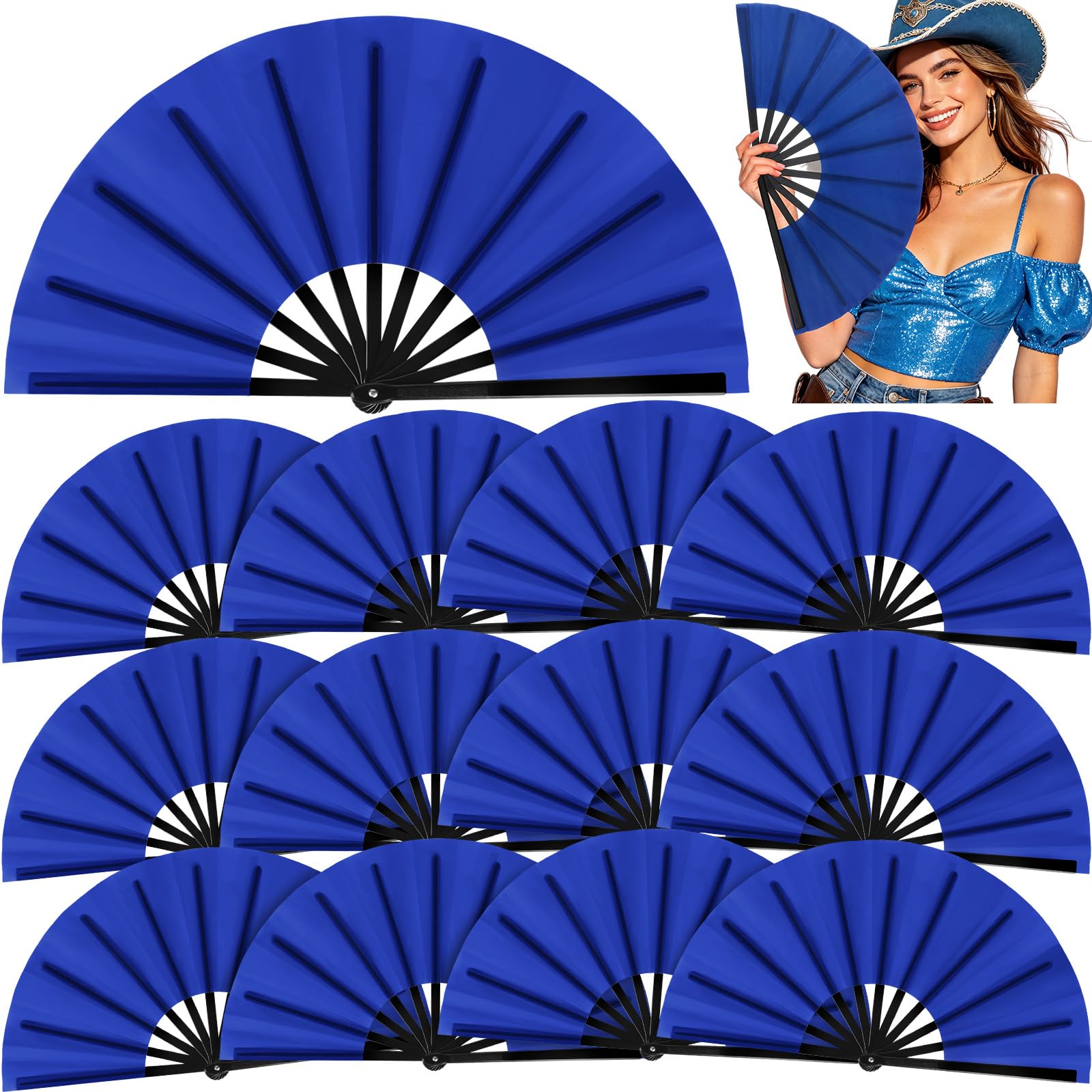 Blulu13 Inch Large Folding Fans for Line Dancing, Blue, 12 Pcs