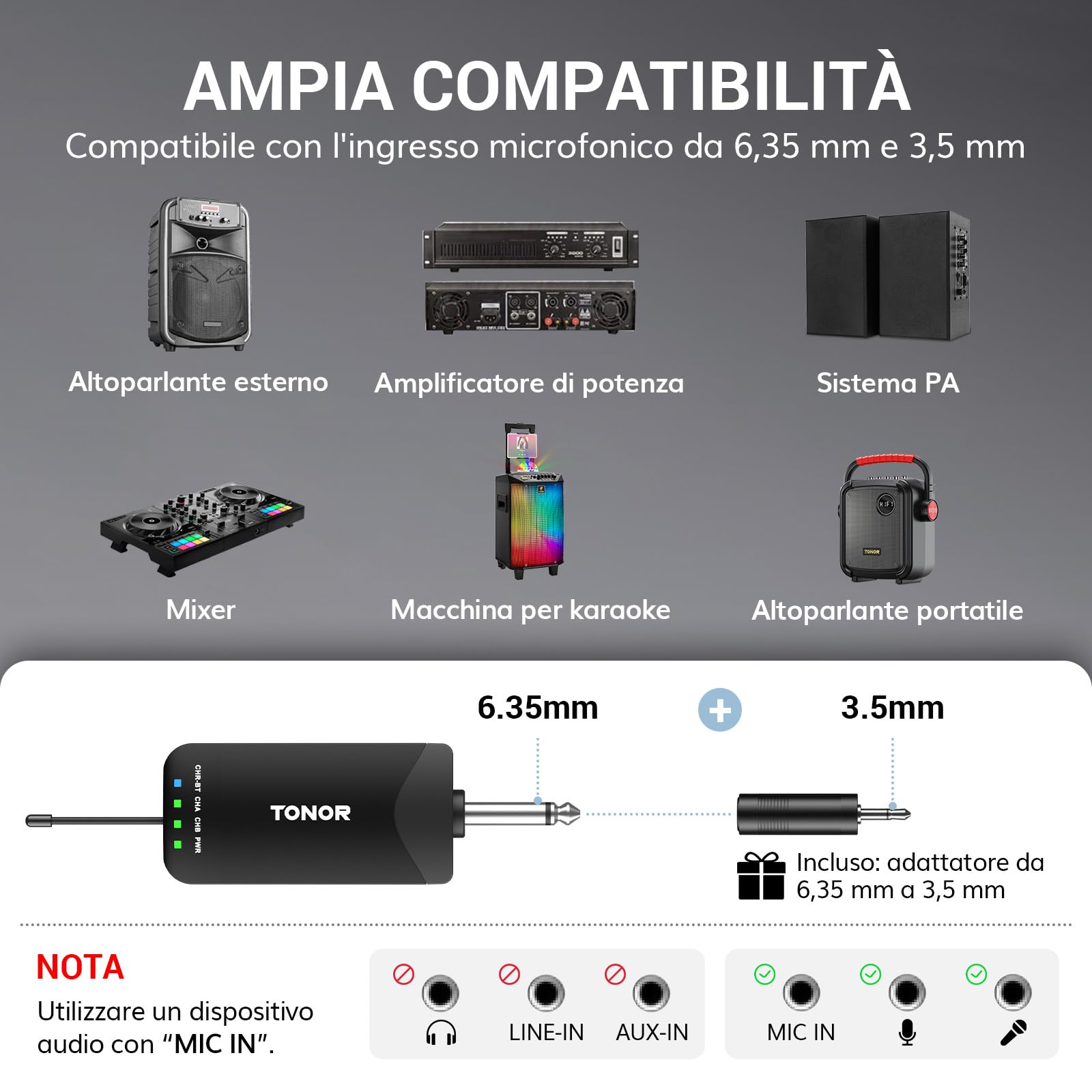TONOR Microfono Wireless Professionale, Sistema Microfono Ricaricabile Bluetooth, Microfono Dinamico in Metallo UHF 2x25 per Karaoke, Chiesa, Canto, Matrimonio, Riunione, Mute con Clic, 100 M, TW720