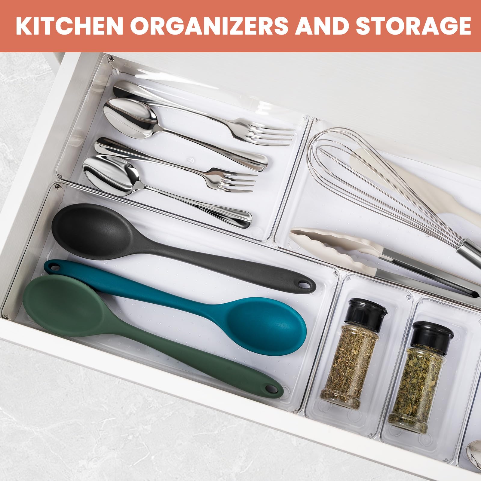 Confezione da 28 grandi vassoi organizer in plastica trasparente: divisori per cassetti da cucina in acrilico di 5 dimensioni per utensili, contenitori per bagno e toeletta, accessori essenziali per