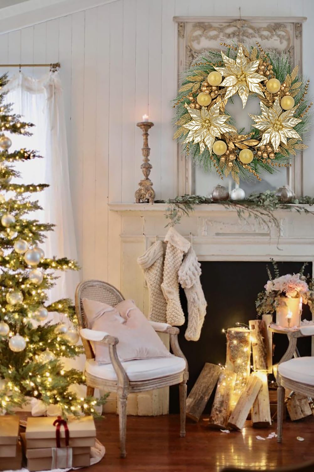 Décoration de Noël Couronne de l'Avent 60 cm Couronne de Noël Dorée Couronne Artificielle Couronne Murale Couronne de Table Noël Décoration de Noël Porte d'Entrée Table Mur Salon Chambre