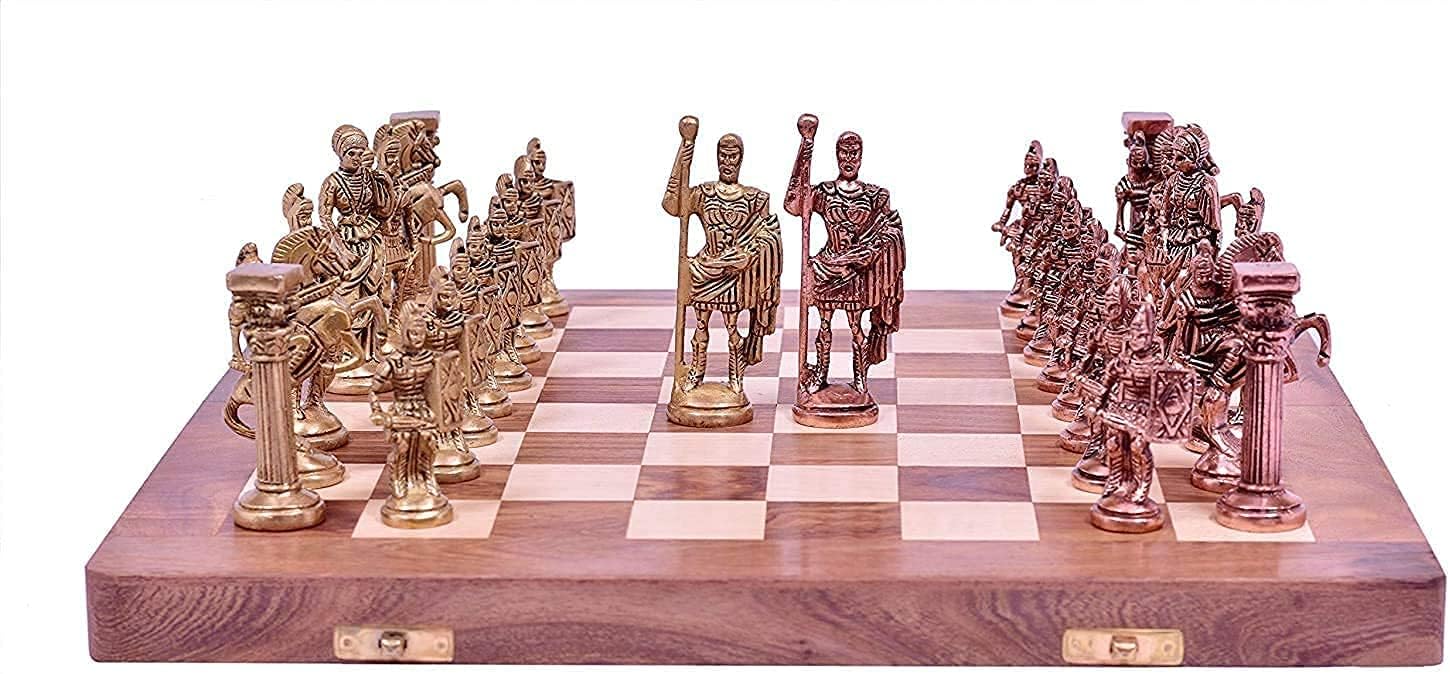 SHOROSkywalk Hand Crafted Roman Brass Chess Set with Wooden Board,for ‎3 years and up