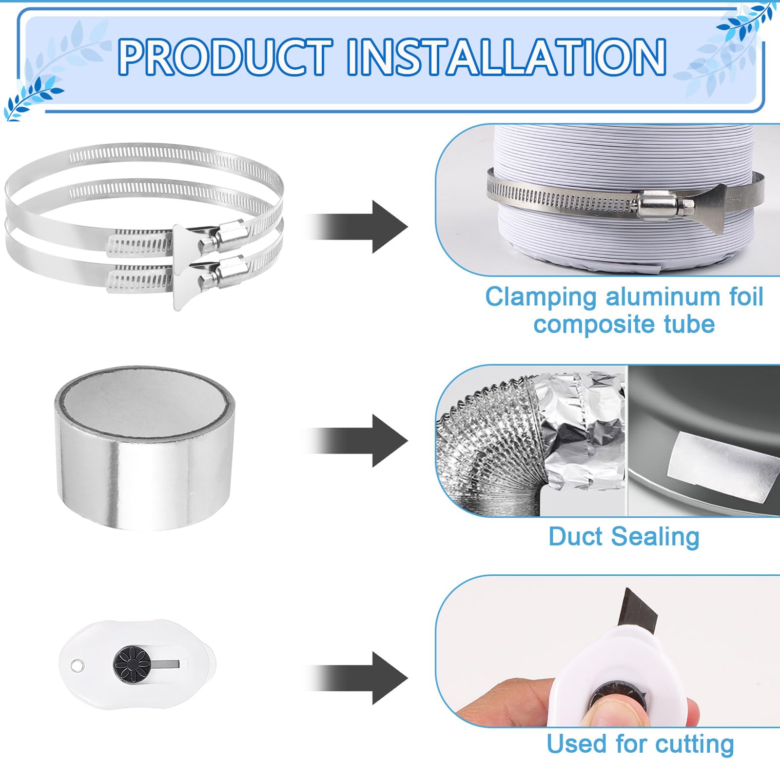 Abluftschlauch 150mm Länge 3m PVC Flexibel Alurohr Schlauch Aluminium Aluflexschlauch mit 2 Schlauchschelle Edelstahl für Klimaanlagen Mobile Klimaanlage Wäschetrockner Abzugshaube(Schwarz)
