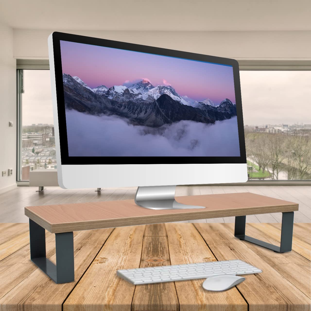 SOOPII Wooden Monitor Stand Riser for Desk, Laptop & PC Screen Stand for Desktop Table, Ergonomic Non-Slip Riser with Metal Legs, Particle Board Material, Office Home Table Organizer (60x20x11.5cm)