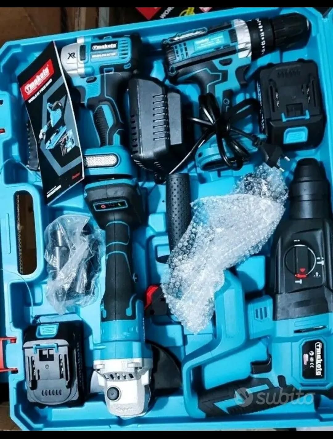 Tmakota Set Utensili 4-in-1, Trapano a Batteria al Litio, Smerigliatrice Angolare, Avvitatore ad Impulsi, Martello Rotativo, TM-TS406