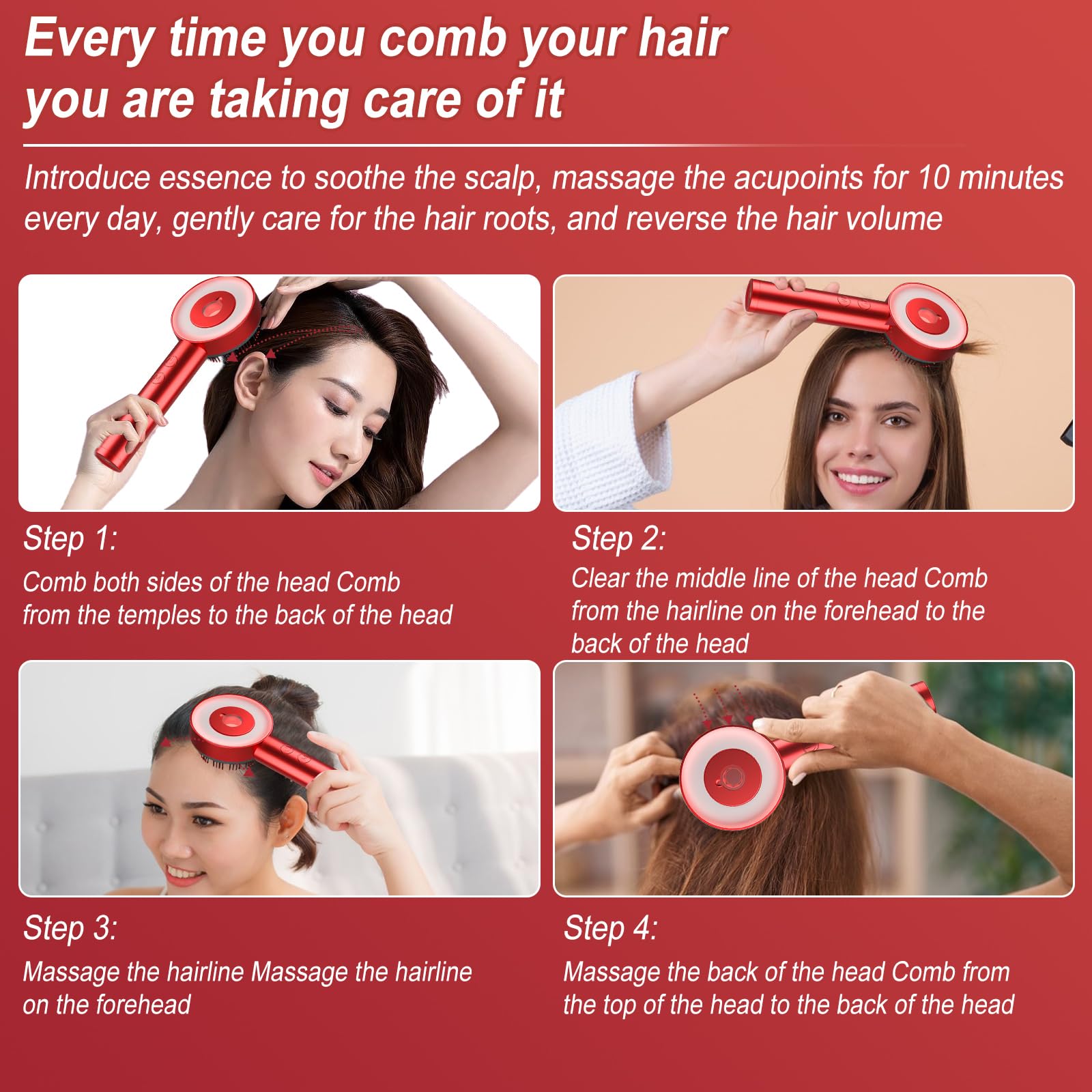 Cepillo de masaje para cuero cabelludo, onda de luz roja y azul, masajeador eléctrico multiusos con 3 modos de masaje, peine de masaje para el cuero cabelludo, aplicador de aceite para el cabello,