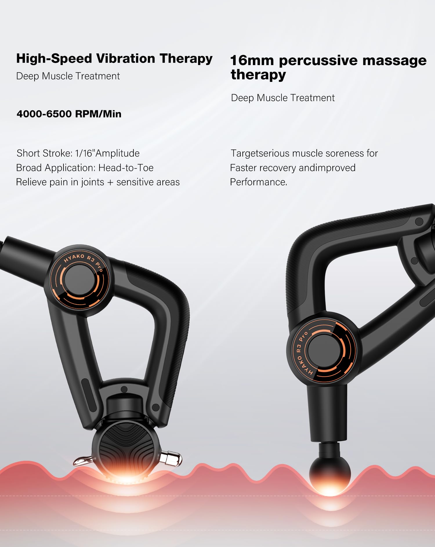 HYAKO R3 Pro - Pistola de masaje 3 en 1 de 16 mm de amplitud + terapia de vibración de alta frecuencia - Pistola de masaje muscular de tejido profundo, alivia el dolor musculoesquelético de todo el