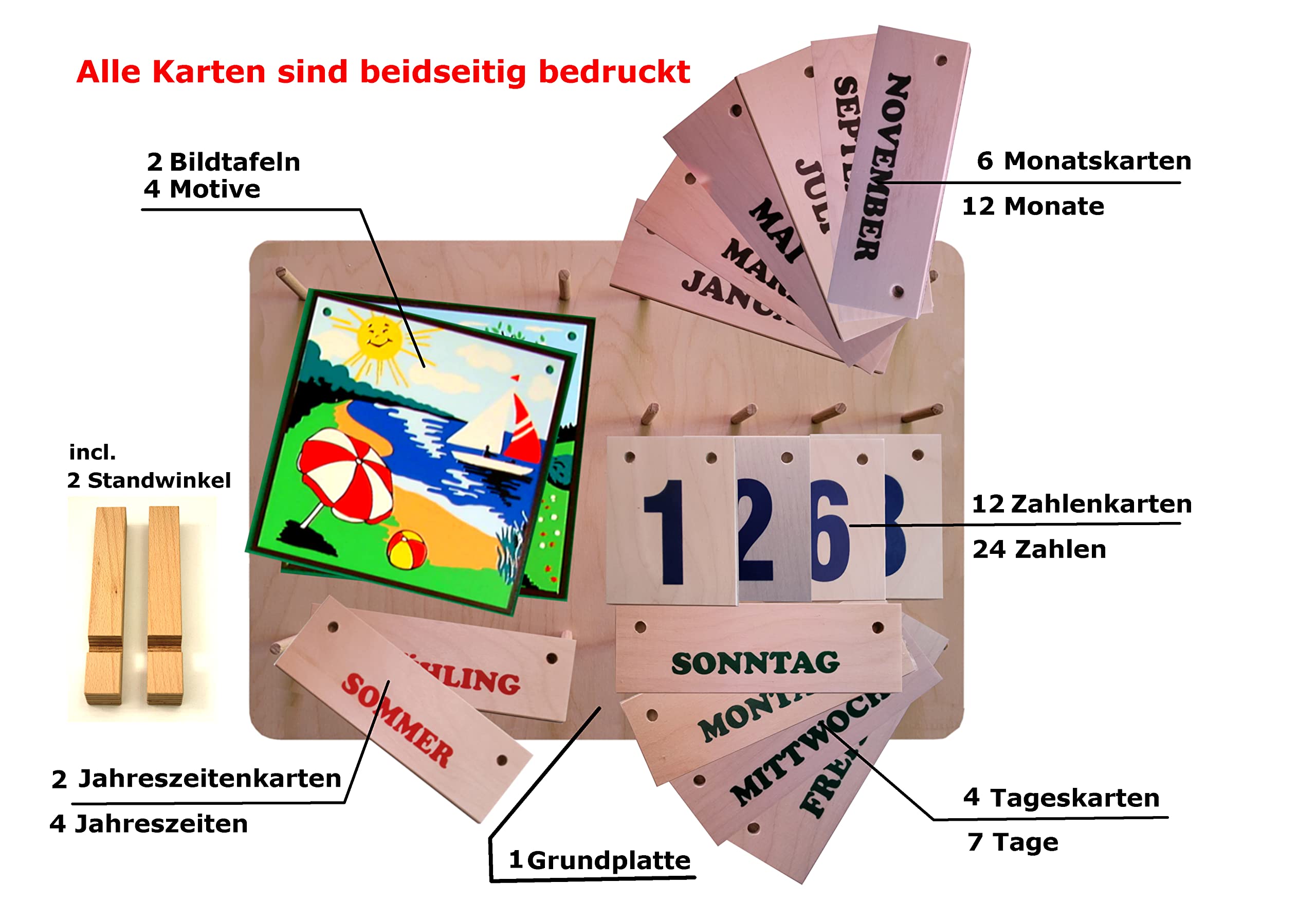 TISCH- und WANDKALENDER | Bunte Schrift | Mit Standwinkel | VIER JAHRESZEITEN | LERN- UND DAUERKALENDER aus HOLZ | Made in Germany | Für Schule, Kindergarten, Seniorenheim oder auch ZUHAUSE | Handmade