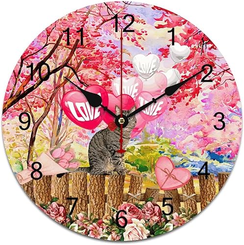 LetusZhogo Reloj de pared con diseño de gato para el día de San Valentín silencioso sin tictac para decoración de sala de estar reloj redondo de 10
