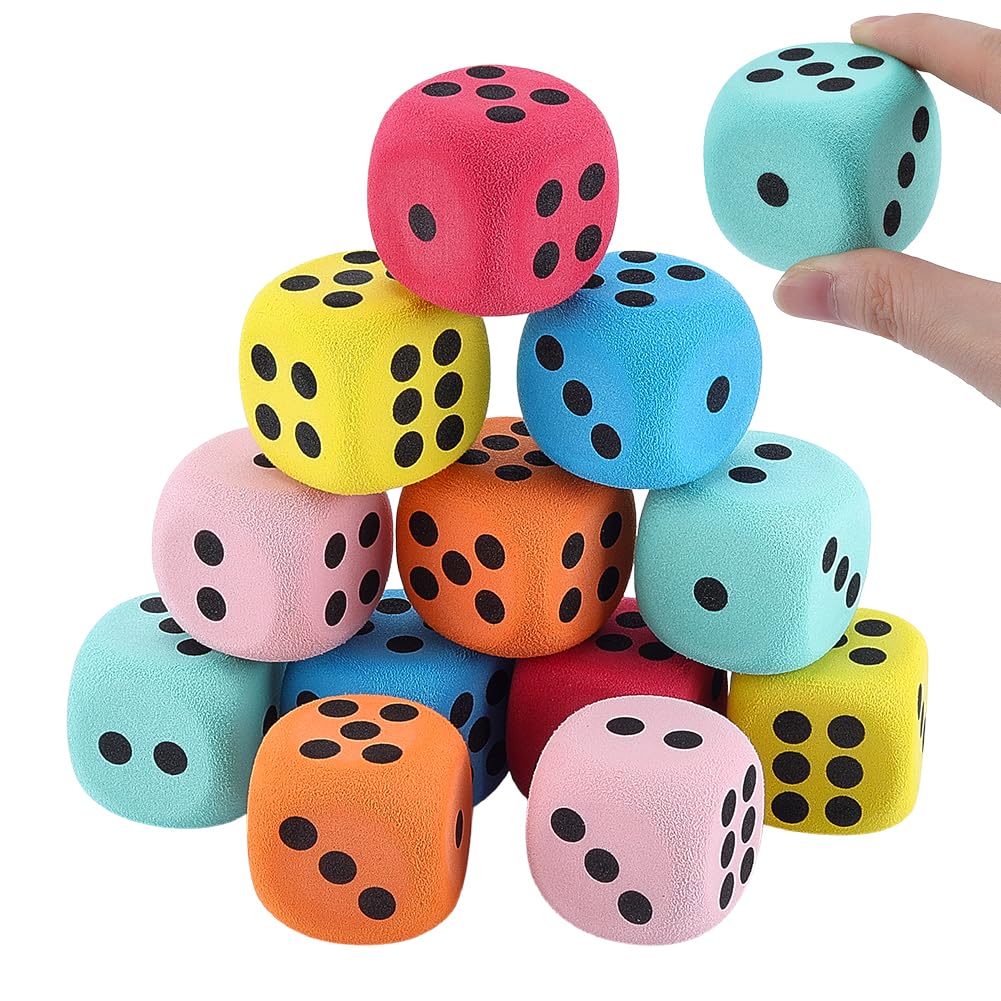 CRAFTYMELODY 12Pcs S Colors Big Foam Dice Set Colorful Jumbo Foam Dice Soft 6 Sided Floral Squeeze Game Dices Cubes with Number Dots for Fun Game Night Parties Casino Theme Christmas Decor