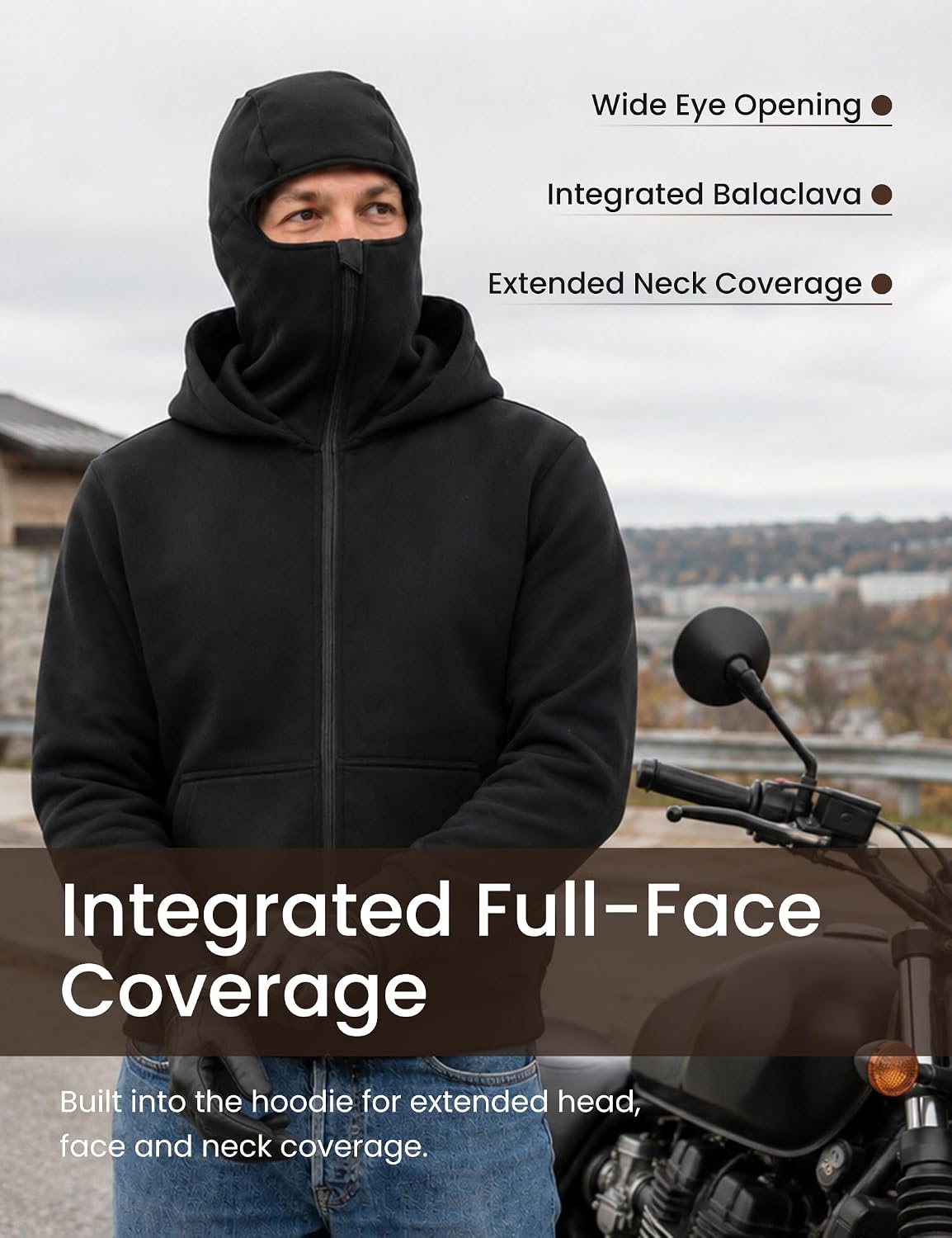 Men’s Balaclava Hoodie Zip Up Face Cover Double Hooded Sweatshirt
