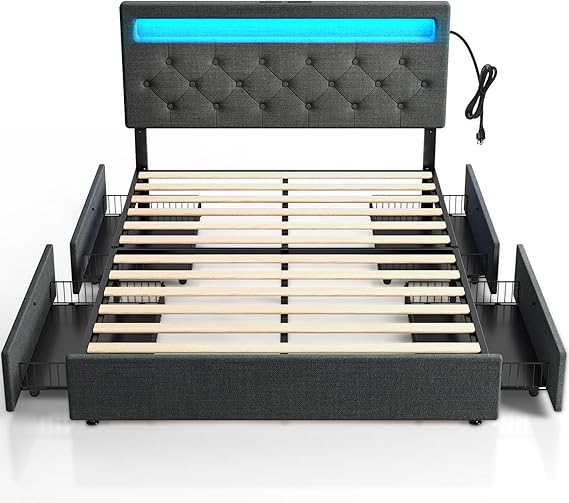 Rolanstar Queen Size Bed Frame with Charging Station and LED Lights