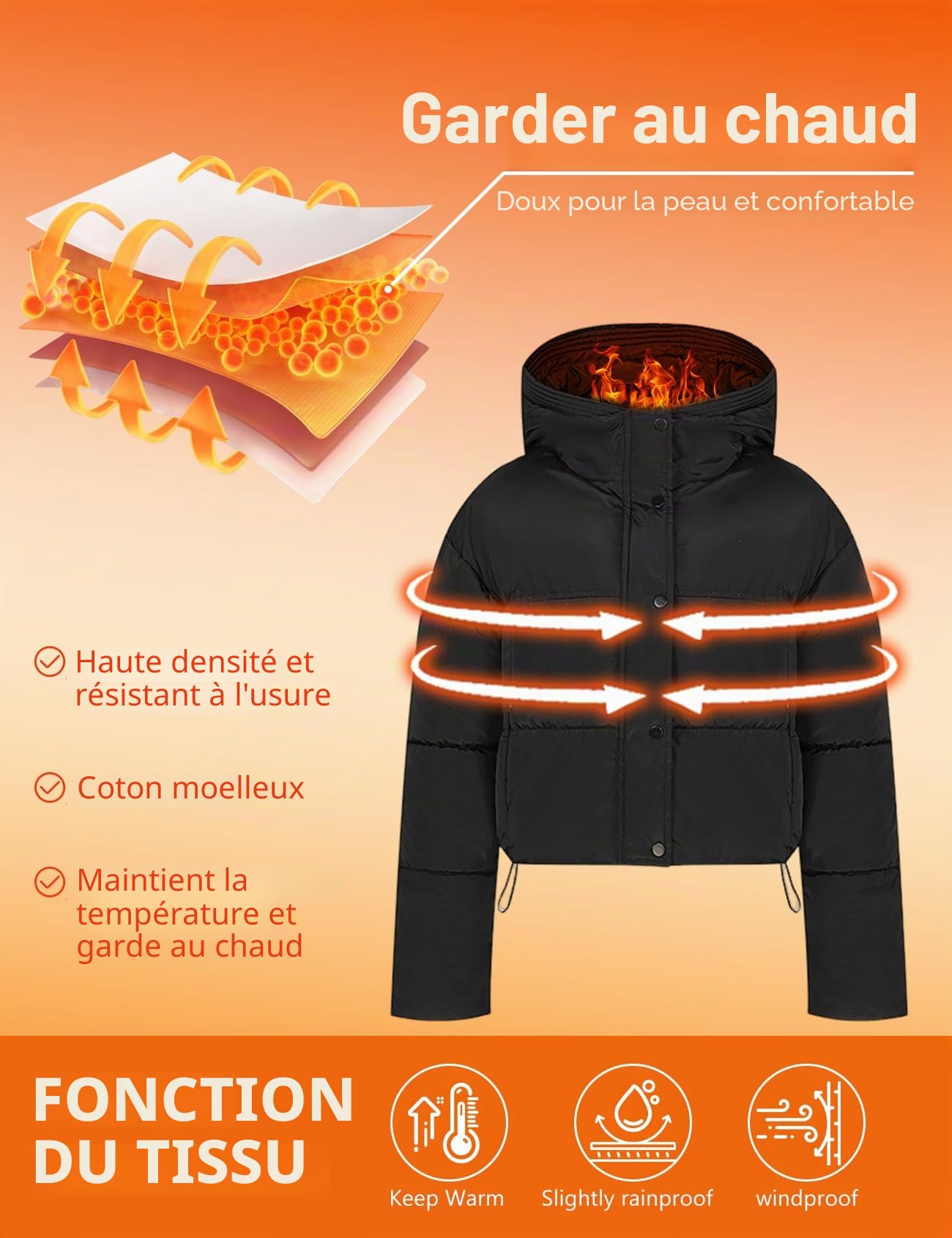 Yimoon Doudoune courte d'hiver à capuche avec fermeture éclair pour femme