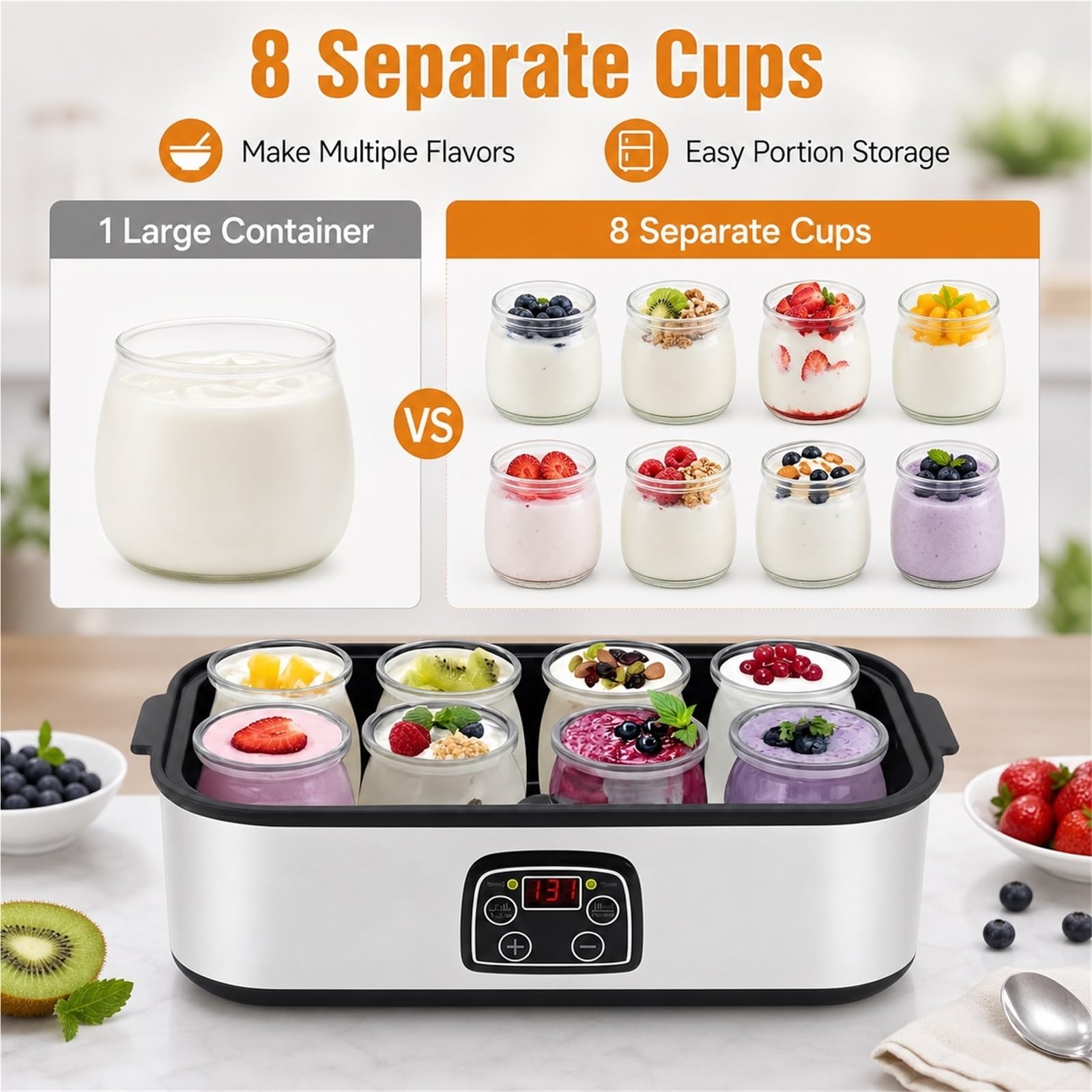 Yogurtiera Automatica con 8 Bicchieri In Vetro e Display Lcd | Finitura Argento, Preparazione Colazione Casalinga, Timer 0-48 Ore, 180 Ml X 8 Tazze, Funzionamento a 25 W