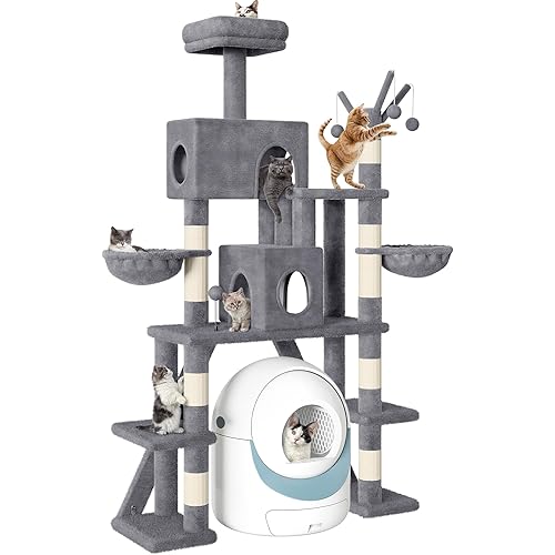 Tall Cat Tree for Indoor Cats, 74" Multi-Level Cat Tower with Cat Condos, Plush Perches & Self-Cleaning Litter Box Base, Modern Cat Tree with Scratching Posts & Hammocks, Grey