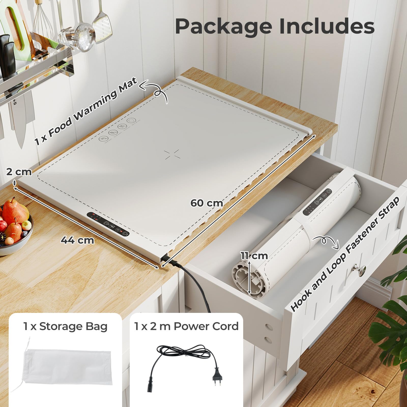 RELAX4LIFE Chauffe-Plat Électrique en Silicone Enroulable avec 3 Températures Réglables 60-100℃ et Minuteur 1-2-4H, Sangle Auto-Agrippante, Sac de Rangement pour Buffets Fête, Voyag Réunions, Blanc