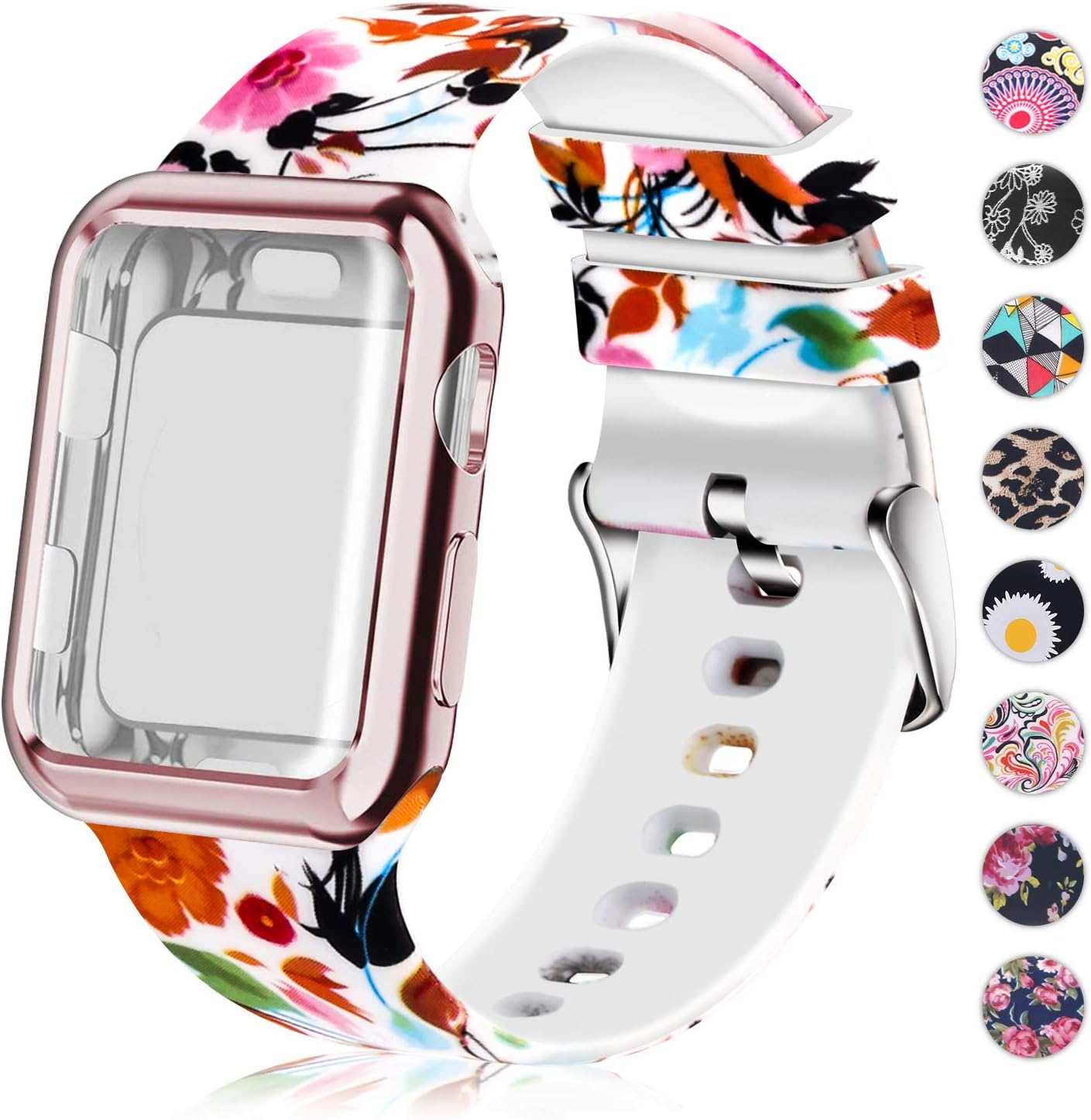 Compatible for Apple Watch Band 38mm Women with Screen Protector Case, Soft Silicone Sport Wristband for Apple Watch iwatch Series 3 2 1 (38mm,Flower)