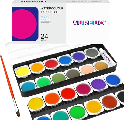 AUREUO - Juego de pintura de acuarela de 24 colores, juego de sartenes de acuarela lavables con 1 pincel y paleta de plástico, juegos de pinturas de