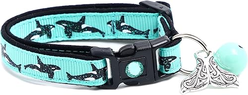 Orca Whales on Red Cat Collar - Safety - Breakaway - Charm and Bell - Pugs2Persians (Small(10lbs & Less), Aqua)
