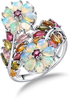 Statement Flower Ring, 14K Gold Plated, Size 6 to 10, Pink, Yellow, Green Leaf Stones, Opal, Sapphire, Ruby, Emerald, Sterling Silver, Cocktail, Engagement, Promise, Party Ring for Women