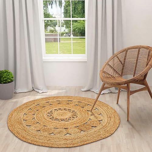 Miniatura 1 de Alfombra de área beige  Alfombra circular trenzada de 5 pies para sala de estar de alto tráfico  Alfombra rústica decorativa de yute de ratán