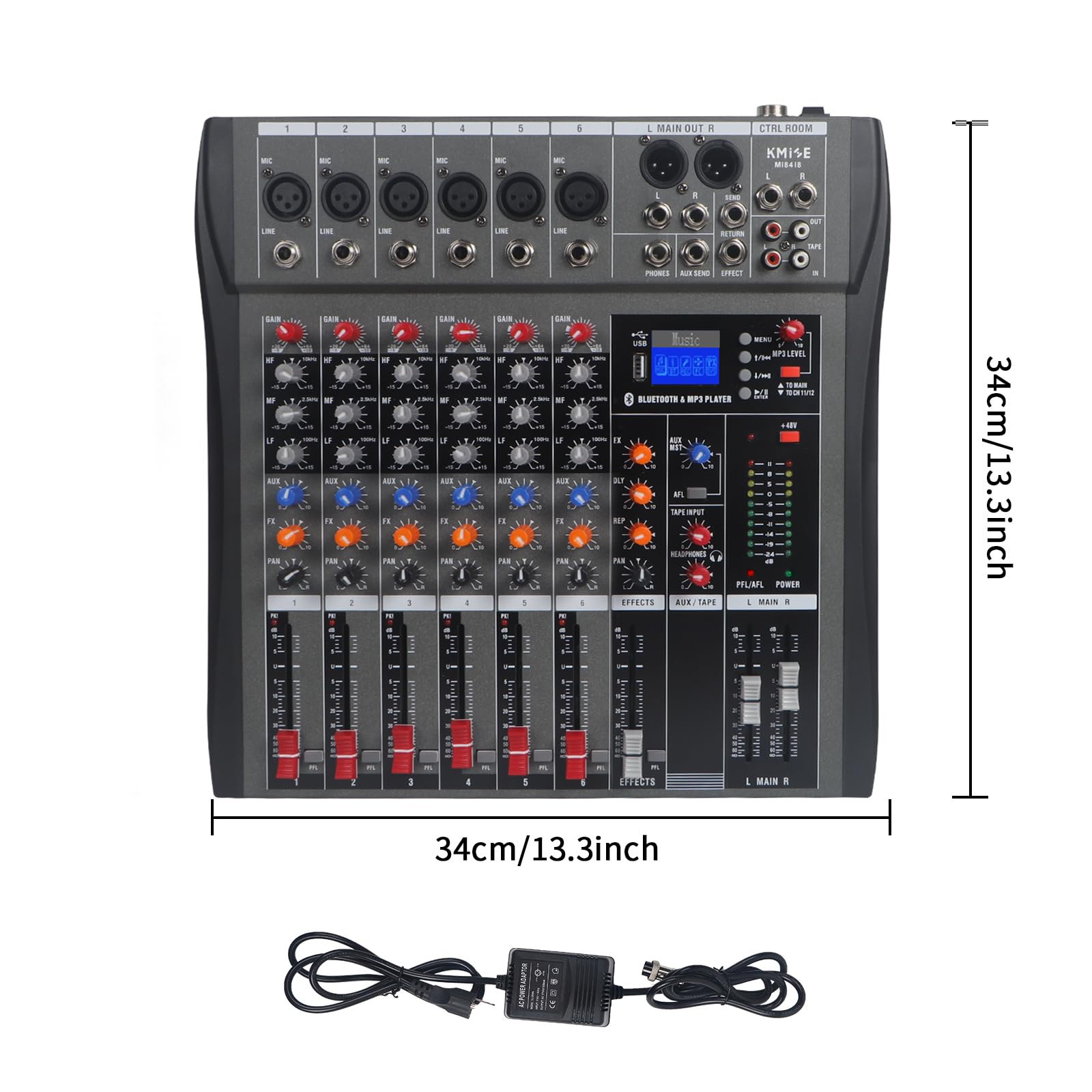 Kmise 6-K-Audio-Mixer, professionelle Soundboard-Konsole, Schreibtisch-System-Schnittstelle, digitaler USB-MP3-Eingang, 48 V, Phantomspeisung, Stereo, DJ-Studio, FX-Stahlgehäuse, schwarzer