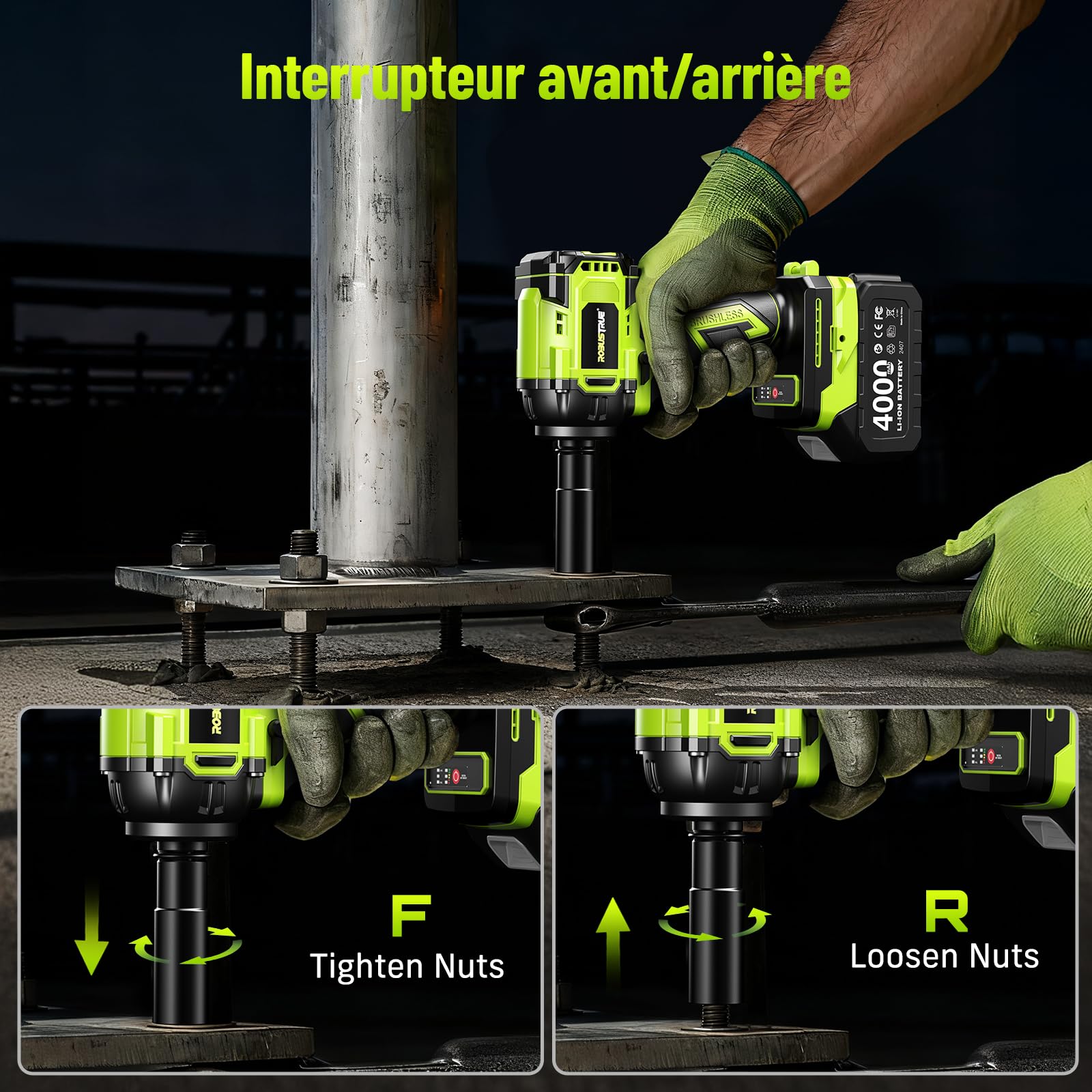 Robustrue 800 N·m clé à choc sans fil 1/2", moteur sans balais à couple élevé, vitesse jusqu’à 2800 tr/min, 2 batteries 4,0Ah avec chargeur, 4 douilles, idéale pour voiture et usage domestique