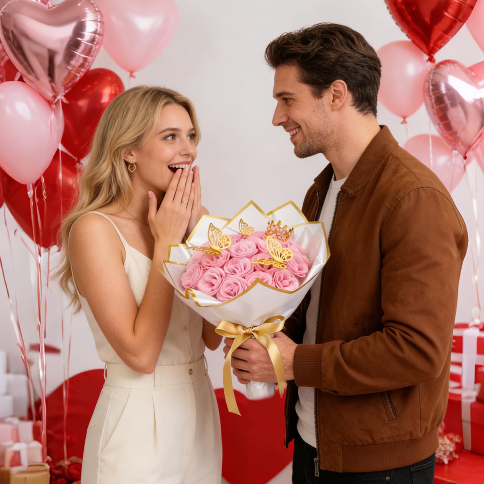 MWOOT 24 Piezas Ramo de Rosas con Purpurina, Ramo de Flores Artificiales para Bricolaje con Rosa Falsa con Purpurina Rosa Corona Mariposa 3D, Regalo de Ramo para San Valentín Boda Día de la Madre