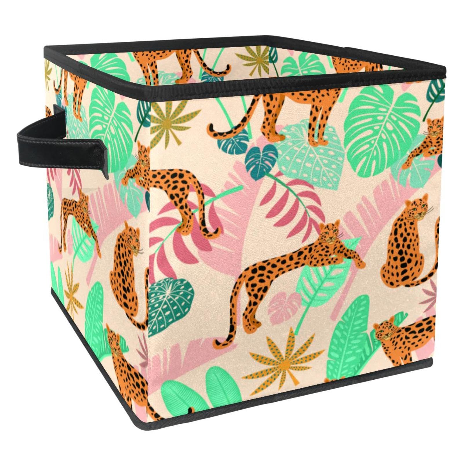 Boîte de rangement pliable léopard cube en tissu avec poignées pour vêtements