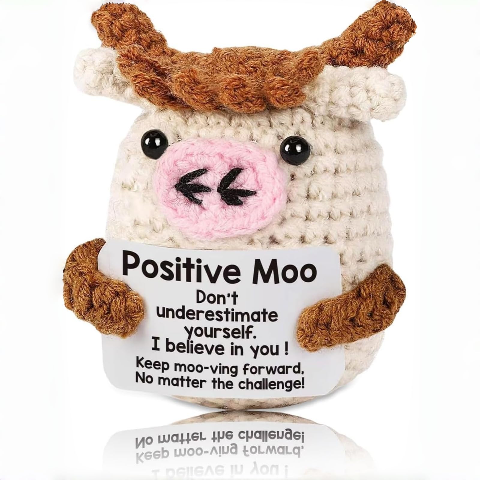 QIANSSE Handmade Crochet Doll, Mini Emotional Support Animal Gift with Inspirational Card, Soft Plush Desk Decor for Adults Unique Motivational Present (Moo) — image 1