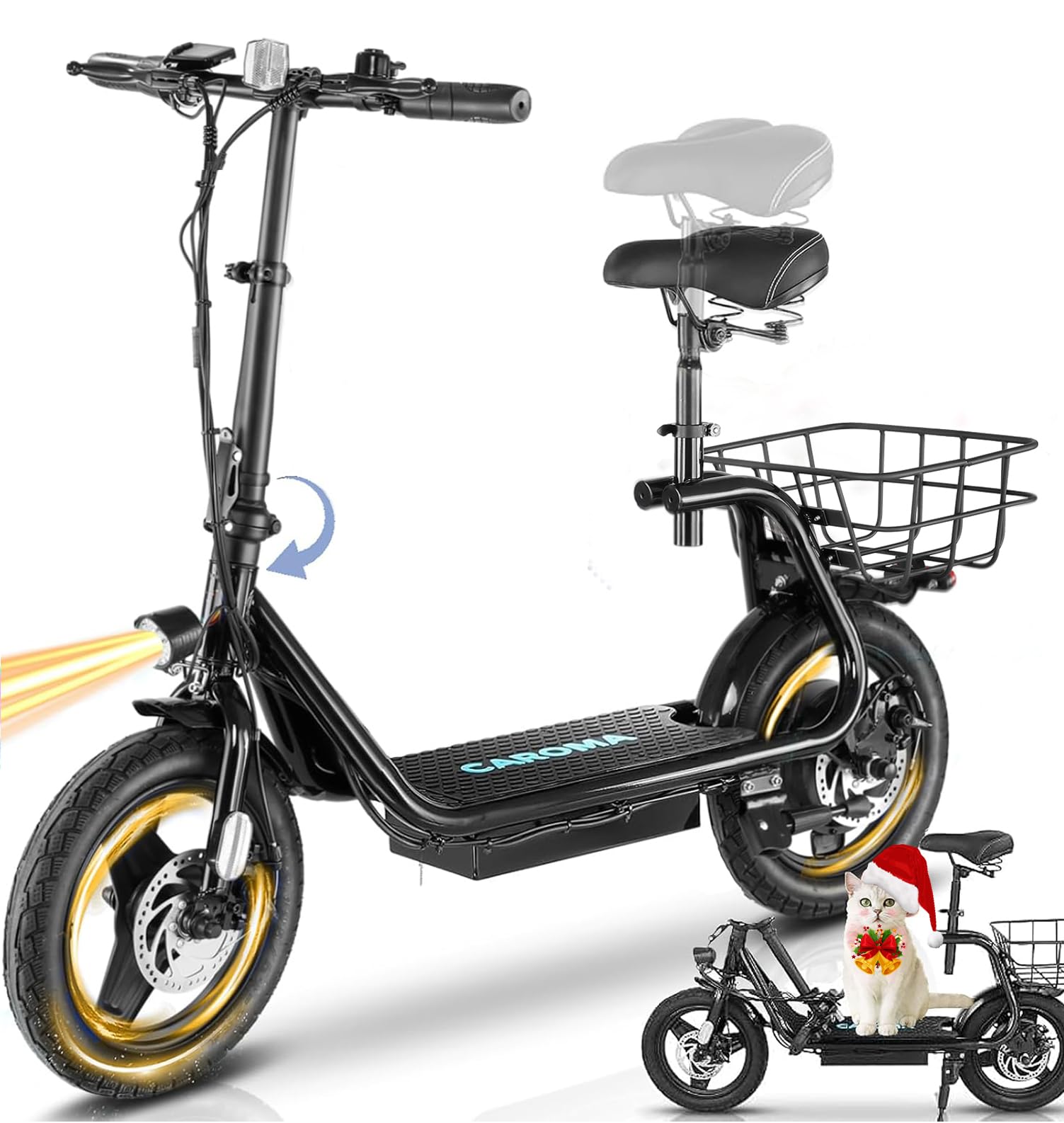 Caroma Peak 1200W/800W/500W Electric Scooter with Seat,14" Fat Tire, Up to 30Miles&20MPH Electric Scooter Adults&Teens, Adjustable E-Scooter w/Shock Absorbtion and Basket,Key Start Foldable E Scooter