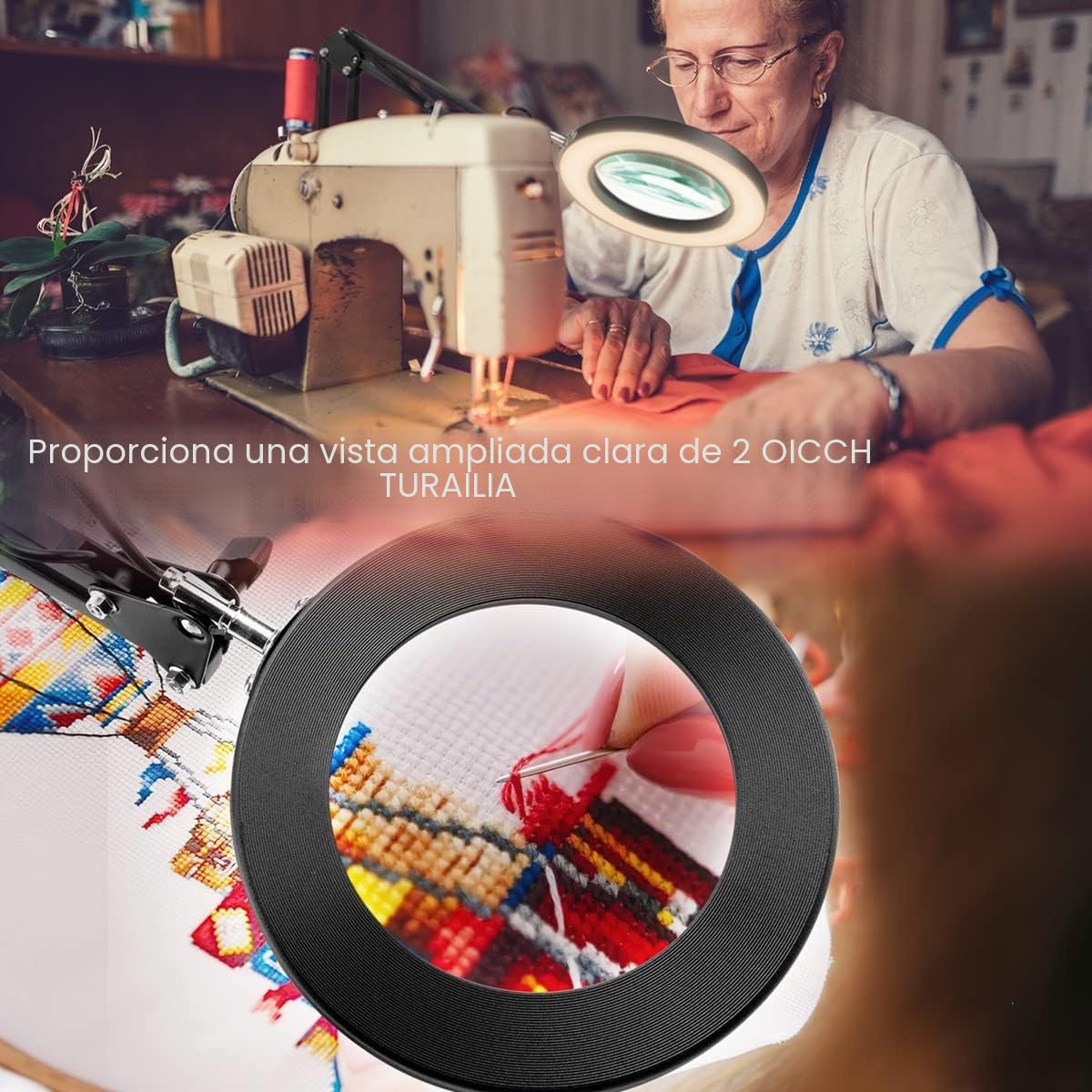 Lupa con Luz Led para Manualidades, 10x Lupas de Gran Aumento con Ajuste de 3Color & Brillo, Lampara con Pinza Metálico & Brazo Ajustable, Lampara Lupa Led con Luz para Costura & Reparación