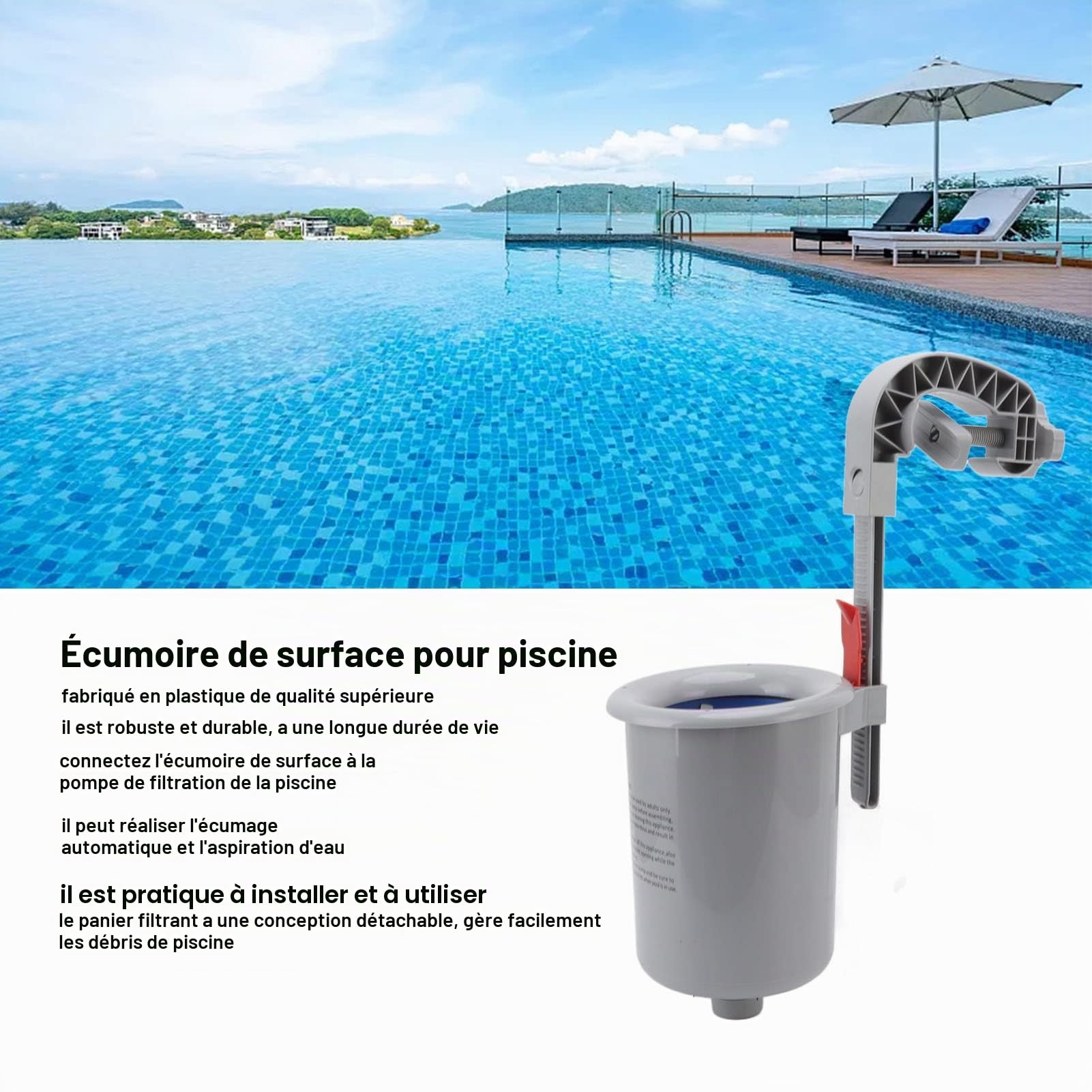 Skimmer de Piscine, Kit D'écumoire à Montage Mural, avec Tuyau et Adaptateur, pour Nettoyage Piscine Hors Sol, Famille, Camping, Villa, Exterieur