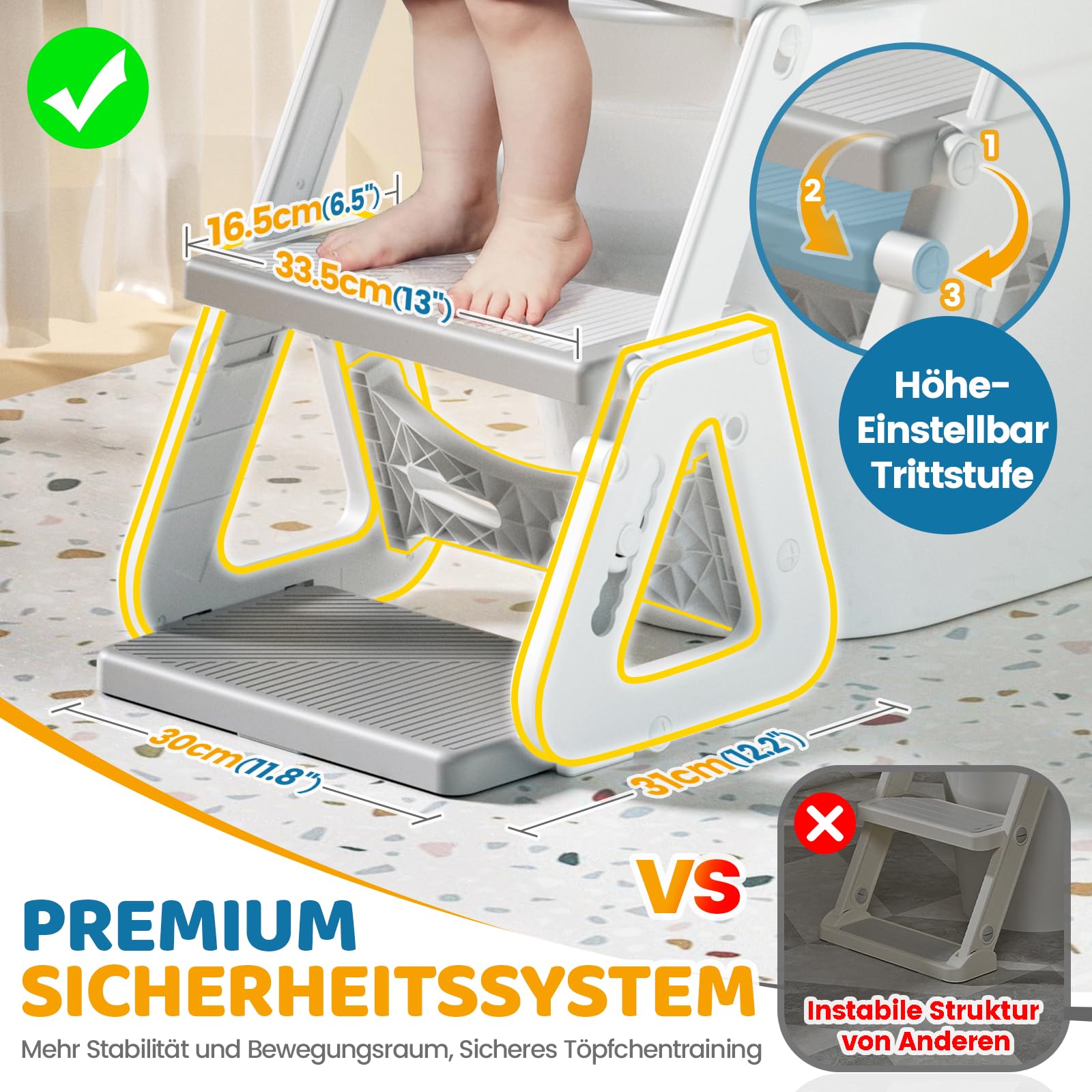 Toilettensitz Kinder mit Treppe, Stabil Kinder Toilettensitz mit Dreiecksstruktur, Verlängerter Pedal- und Spritzschutz und Wasserdichtes PVC-Polster, Rutschfest und Faltbar, Grau