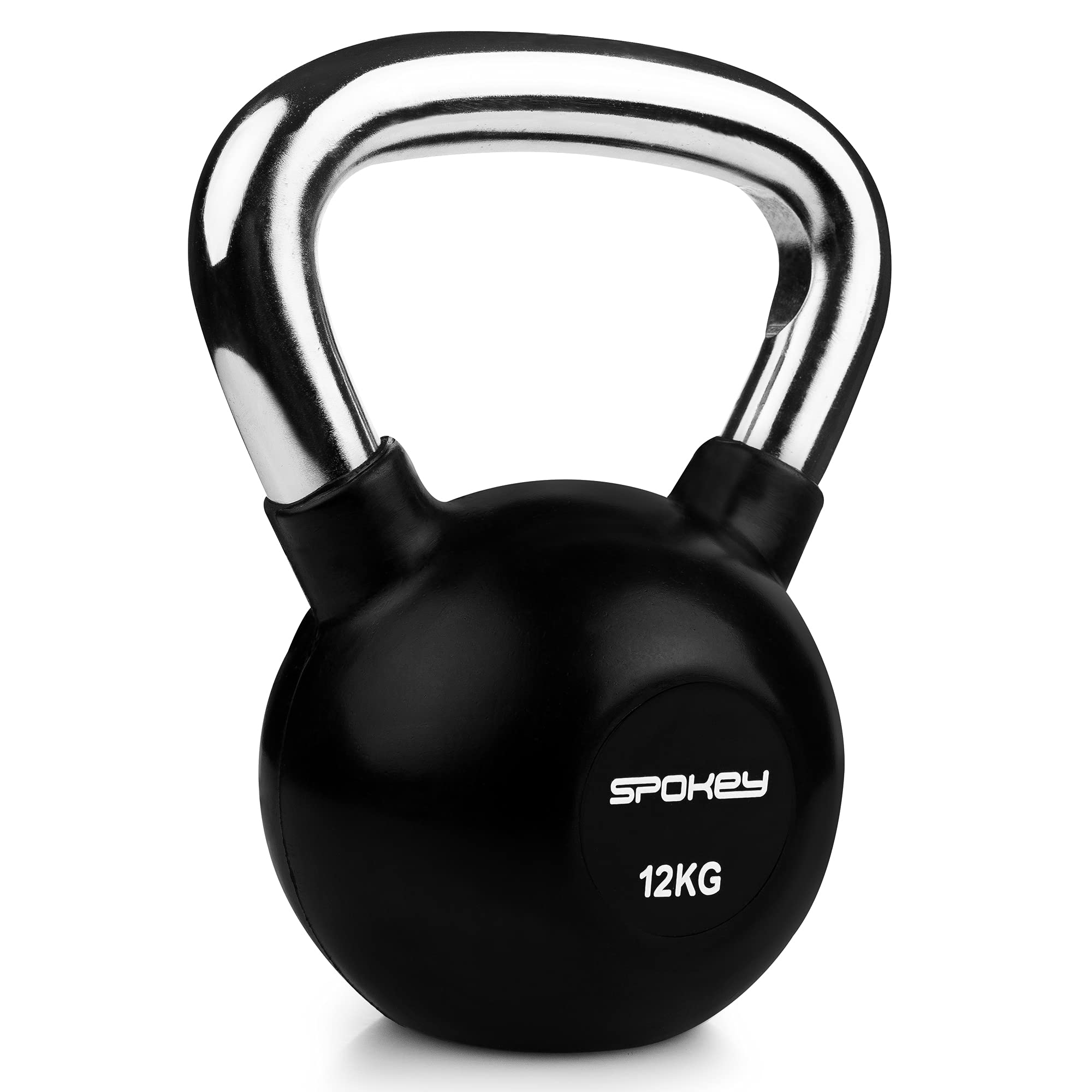 Spokey SCALES LUX hantle kettlebell profesjonalne, żeliwo pokryte gumą, 12 kg z chromowanym uchwytem, czarne odważniki kettlebell, profesjonalne hantle do treningu siłowego