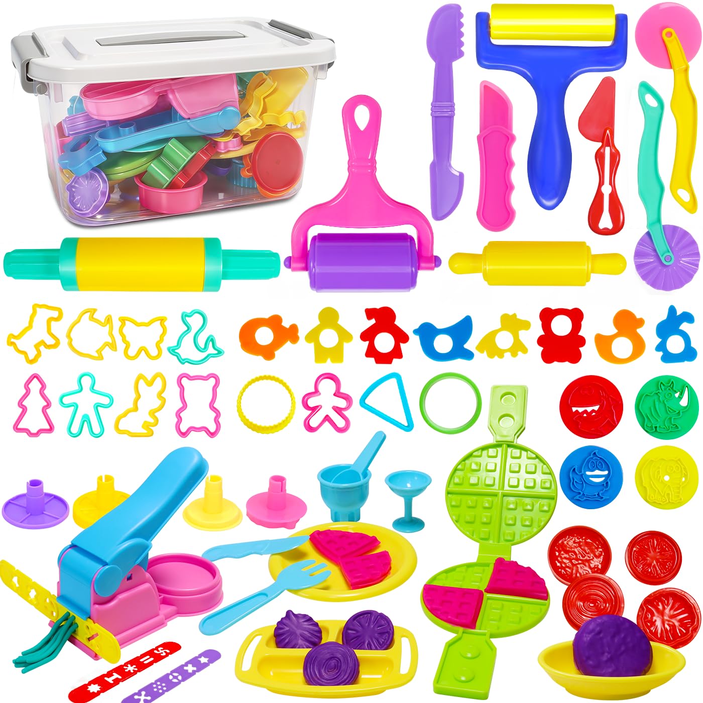 Jiosdo Lot de 53 outils de pâte à modeler pour enfants, outils de pâte à modeler et emporte-pièces, moules à pâtisserie, accessoires de cuisine pour tout-petits