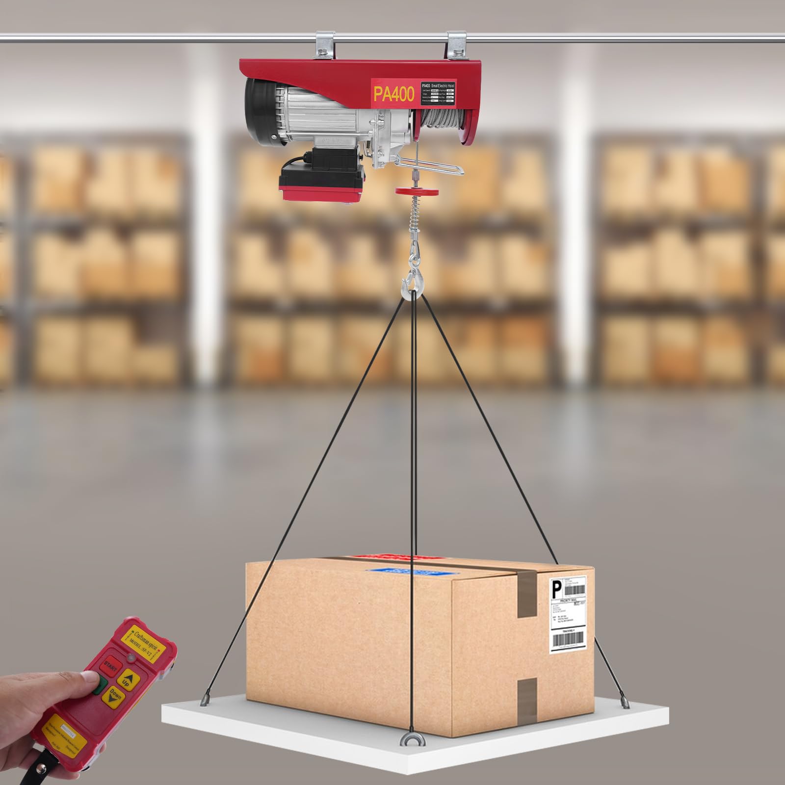 Elektrisch Seilwinde, 12m Hubhöhe, 850W Seilzug Motorwinde mit Fernbedienung, Einzelseil bis 200kg & Doppelseil bis 400kg, Elektrohebezeug für Fabriken Docks Lagerhäuser Baustellen