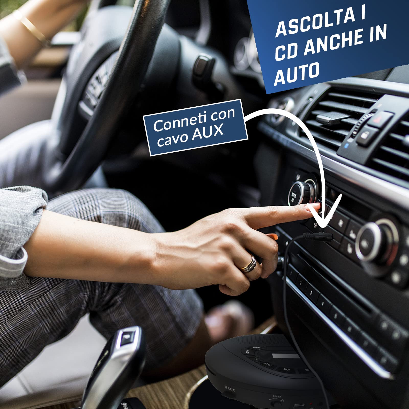 Lettore CD Portatile Stereo con Altoparlanti, Batteria Ricaricabile, microSD, AUX per Auto