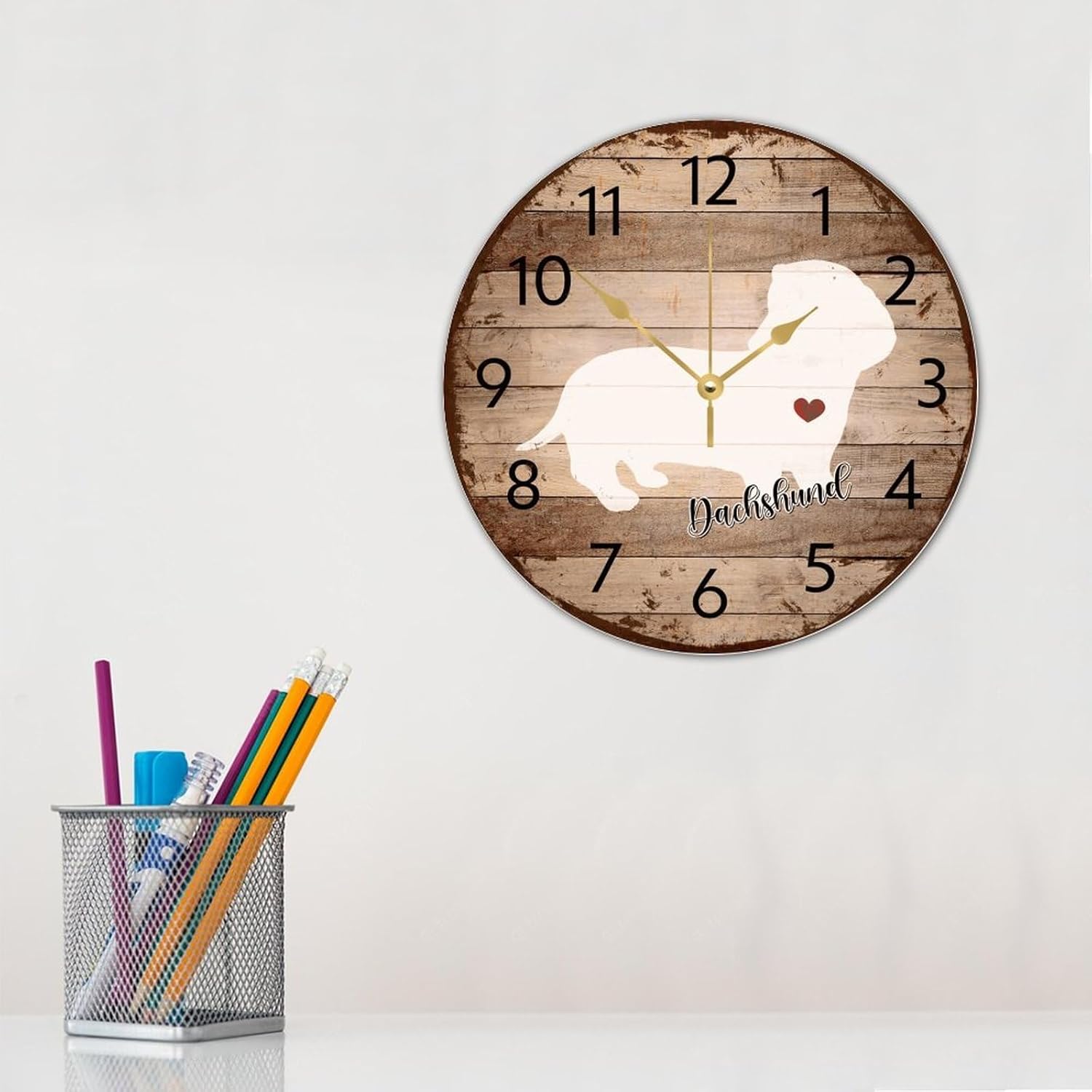 12 Inch Silent Non-Ticking Wall Clocks Battery Operated Dachshund Home Decor for Hotel Memorial Pet Portrait Red Heart Frameless Round Wooden Wall Clock Rustic for Dining Room Restaurant