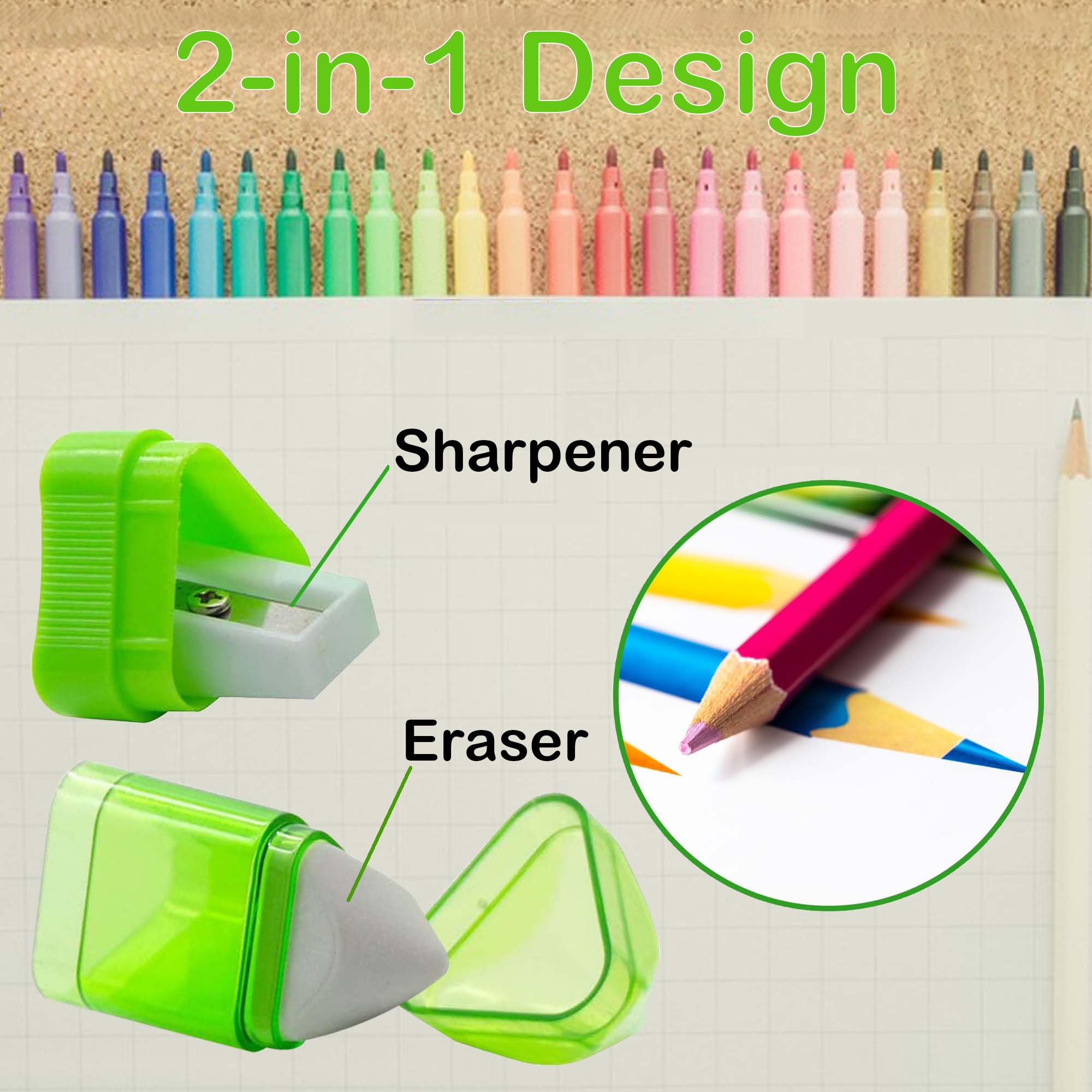 Alpurple - Sacapuntas manual con goma de borrar para lápices de tamaño regular y lápices de colores para la escuela, la oficina y el hogar (20 unidades)