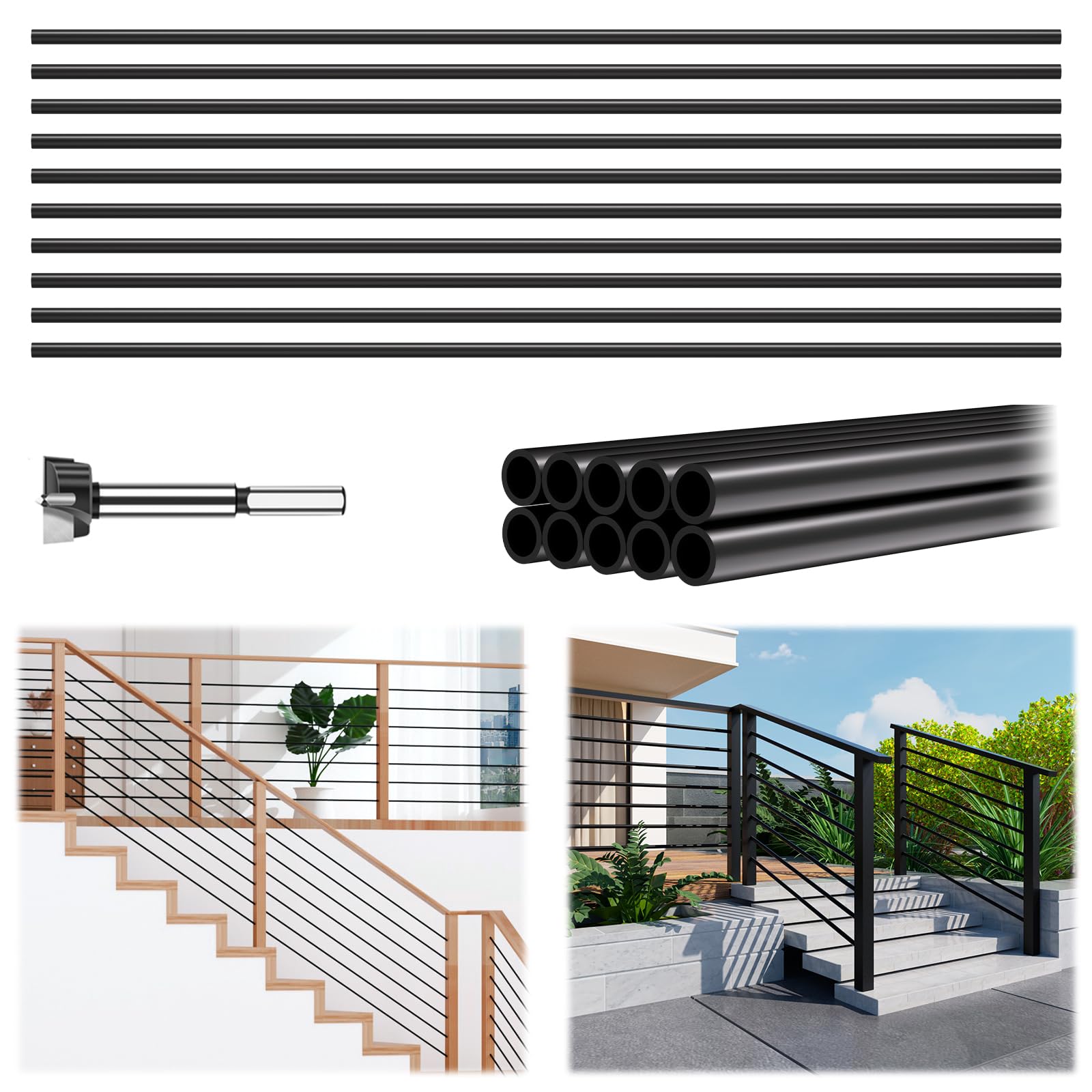 Photo 1 of Pack 10 FT x 5/8 inch Aluminum Stair Balusters Round Horizontal Bar Baluster Matte Black Hollow Stair Spindles for Indoor Outdoor Deck Railing