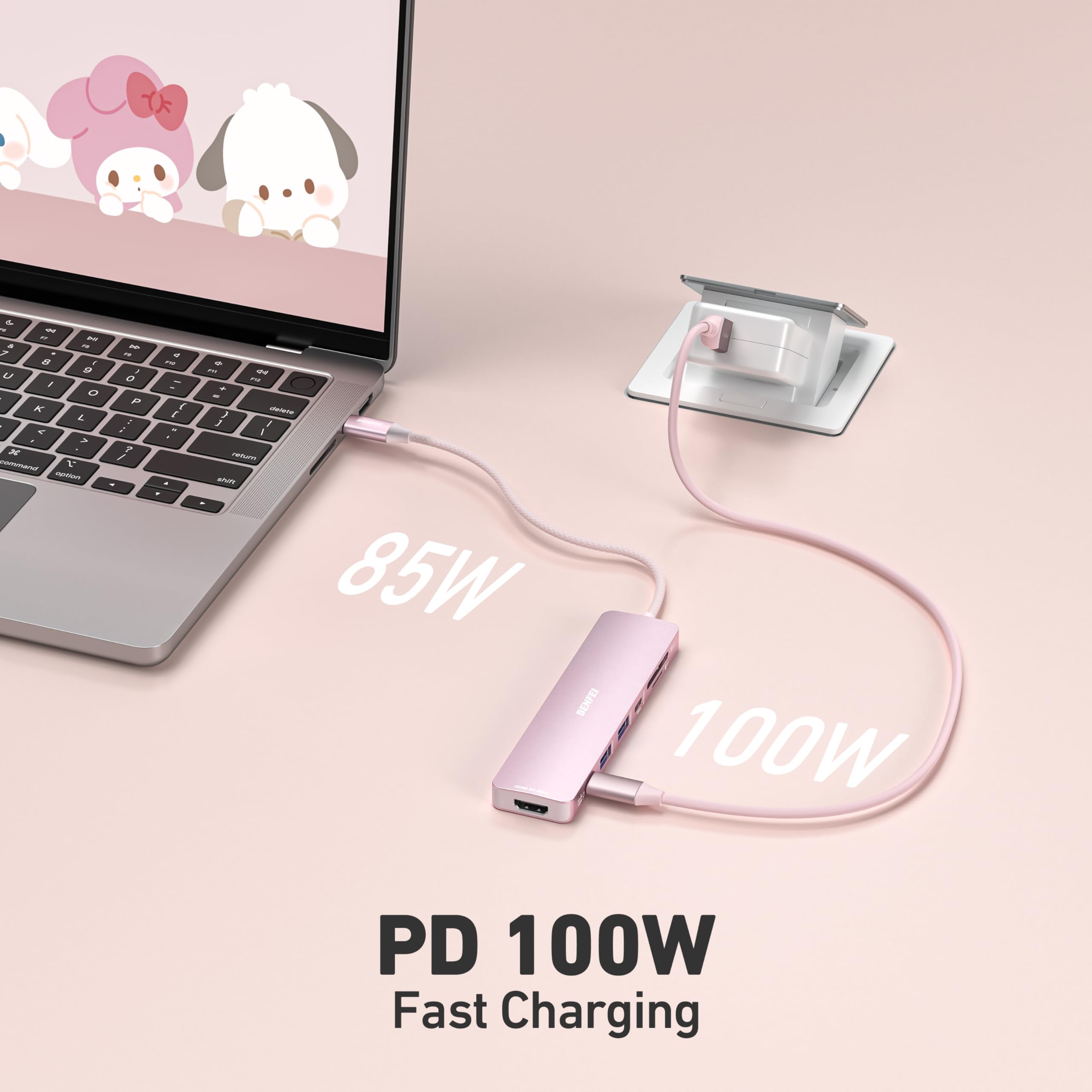 BENFEI Hub USB C 7-en-1 HDMI 4K@60Hz 100W Charge SD/TF MacBook Pro Air iPad Pro iMac Pink