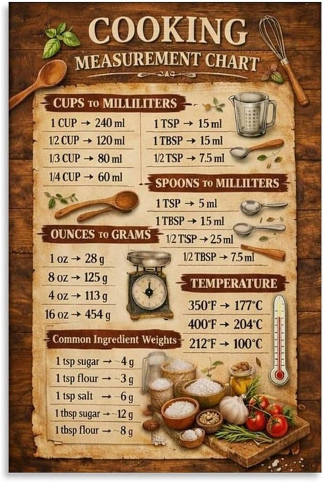 NWPNLXEA Rustic Cooking Measurement Poster Kitchen Conversion Chart Baking Guide Farmhouse Style Wall Decor