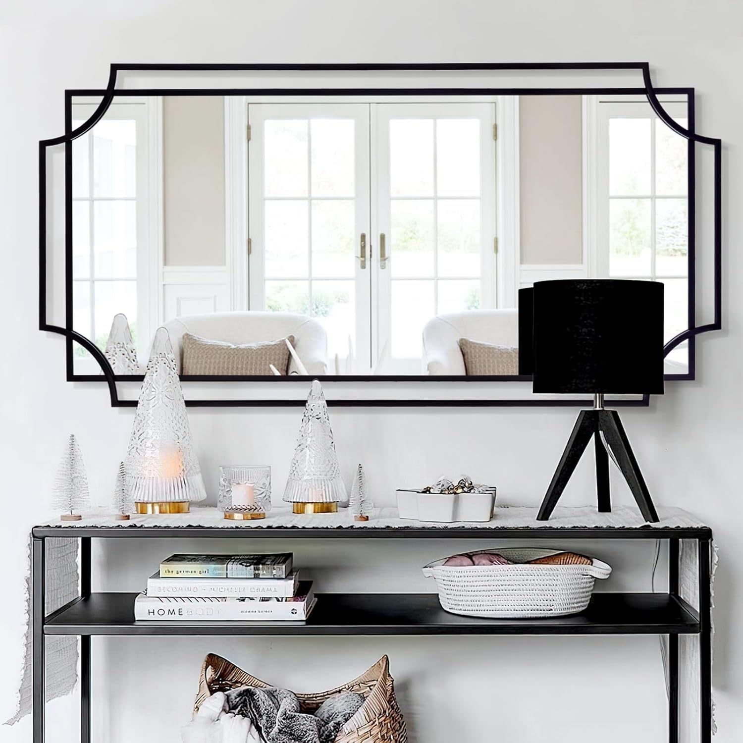 Large Black Mirror for Living Room, 60'' x 30'' Decorative Wall Mirror with Metal Frame, Elegant Scalloped Mirror for Hallway Dining Room Bathroom Fireplace