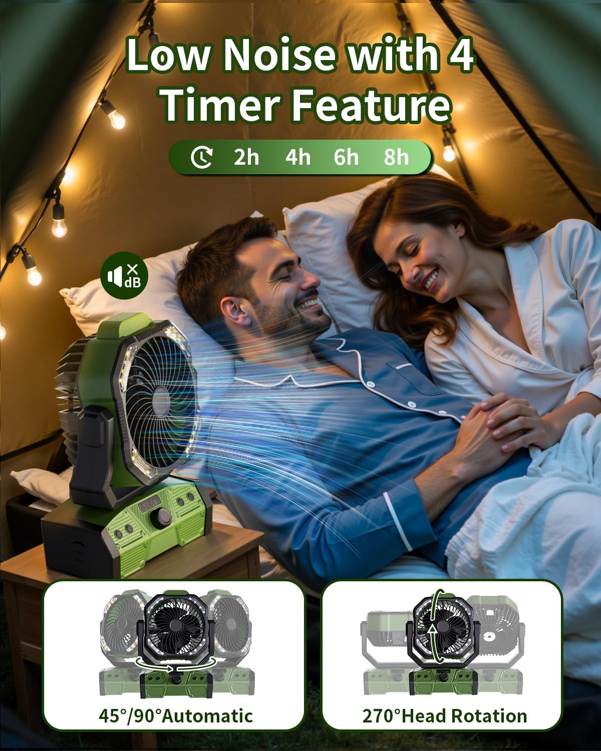 Camping Fan with Remote, 30000mAh Rechargeable Battery Operated Tent Fans with LED Light & Hook, Quiet USB-C Fan for Outdoor Camping, Power Outage, Car, Travel(Green)