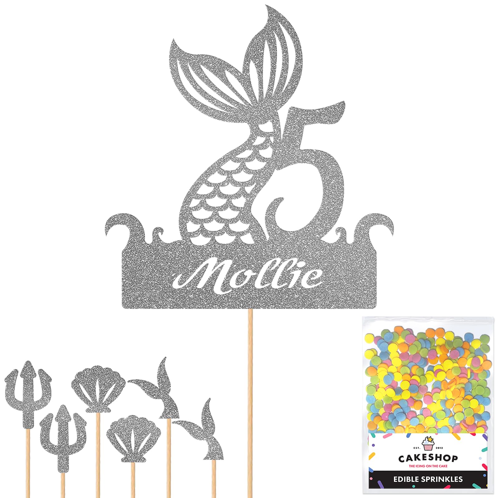 Personalised Birthday Mermaid Tail Glitter Cake Topper Dk Silver Any Custom Age & Name Glitter Cake Decoration and Sprinkles - Happy Birthday Decorations - Personalised Toppers for Cakes by Cakeshop — image 1
